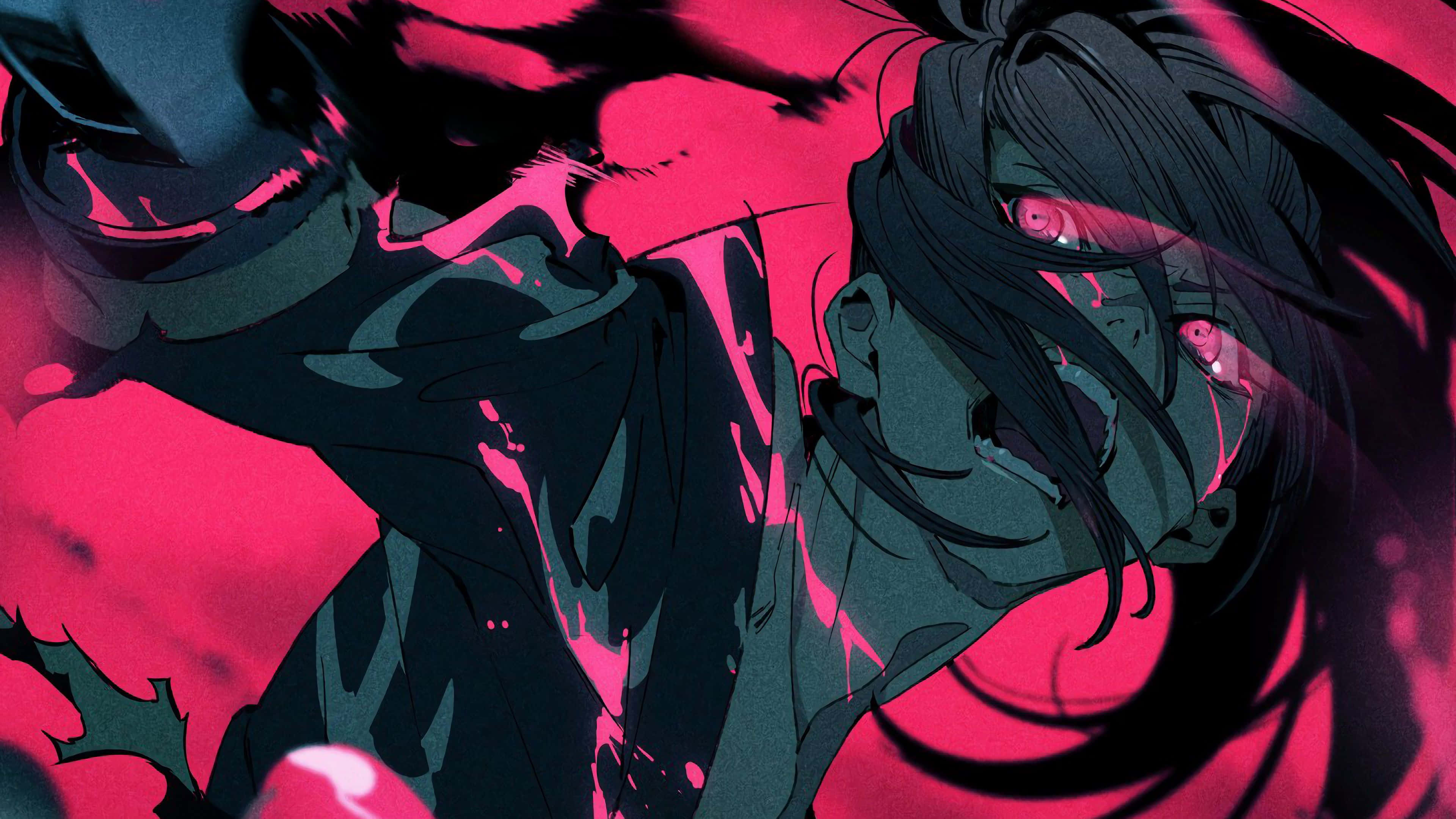 《多羅羅》主角百鬼丸，身為無肢少年武士 壁紙 — 一個擁有深色頭髮和發光紅眼的動漫角色，以動態姿勢呈現在鮮豔的粉紅色和黑色背景前。