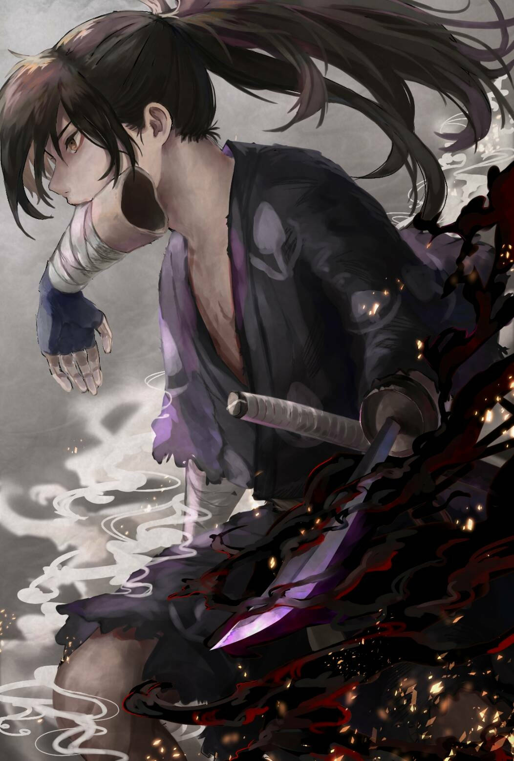 動漫戰士持劍，被煙霧和火花包圍，身穿深色服裝。