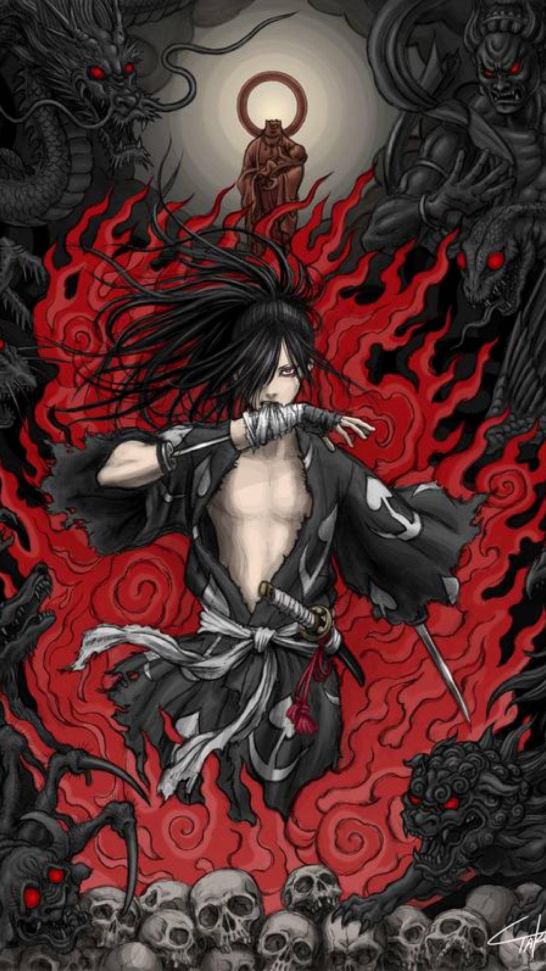 身穿黑色長袍的武士戰士在紅色火焰中與惡魔戰鬥，下方有頭骨。