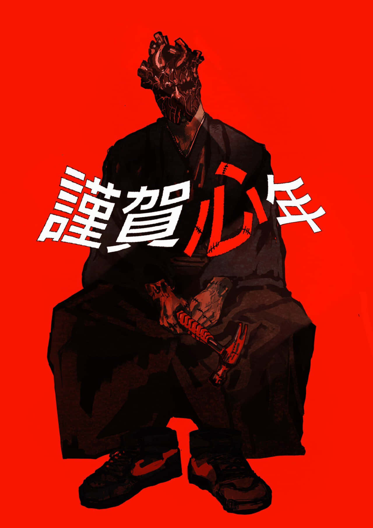 一個戴著心形面具的動漫角色穿著深色衣服坐在紅色背景前，背景上有慶祝文字。