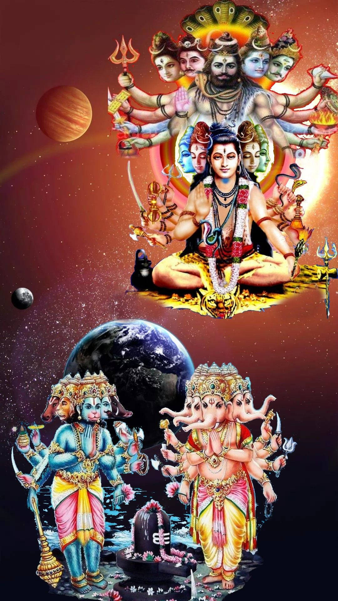 Indian 桌布 壁紙 — 多臂多頭的宇宙印度教神靈漂浮在地球和行星之上，呈現充滿活力的天體場景。