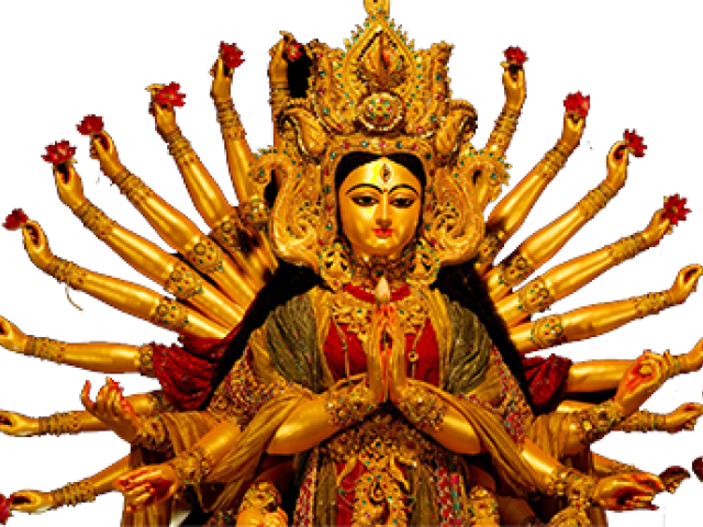 多臂女神杜爾加 壁紙 — 金色多臂女神雕像，飾有精緻珠寶和紅花，背景為黑色。