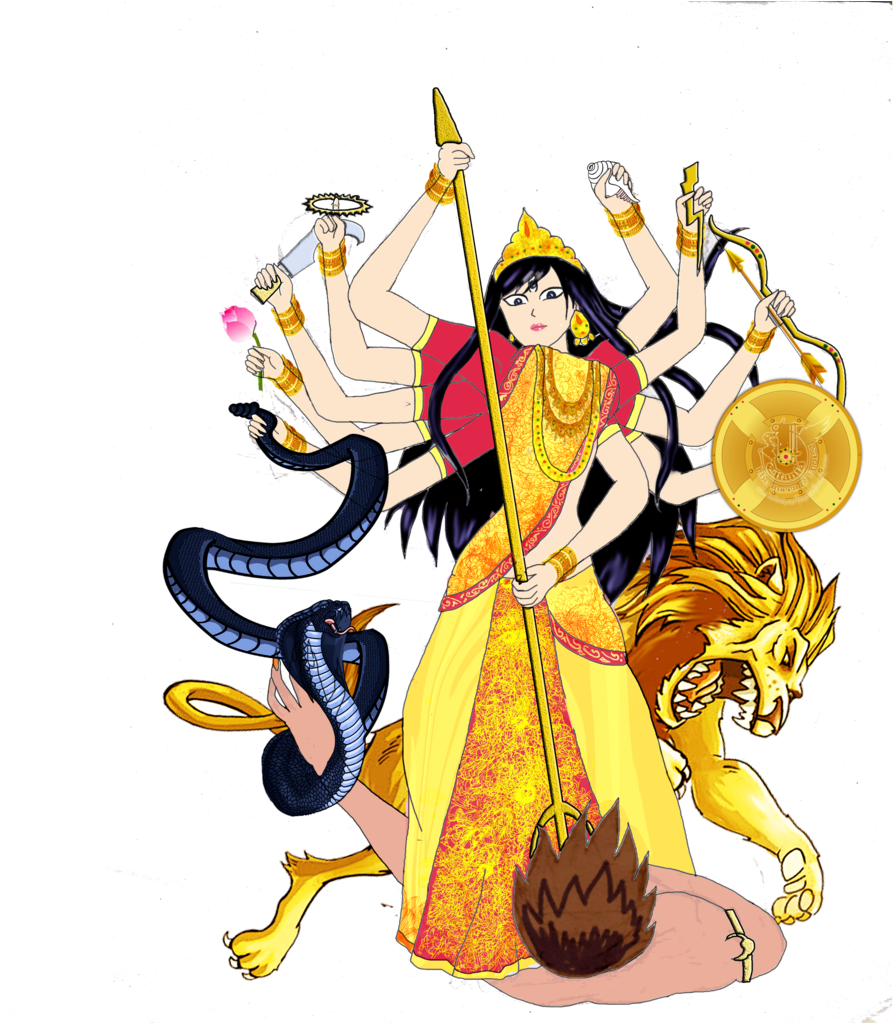多臂女神杜爾加騎獅 壁紙 — 一位多臂女神身穿金色服飾，勝利地站在被擊敗的人物之上，兩側有一頭咆哮的獅子和一條盤繞的蛇，背景是繁星點點的夜空。