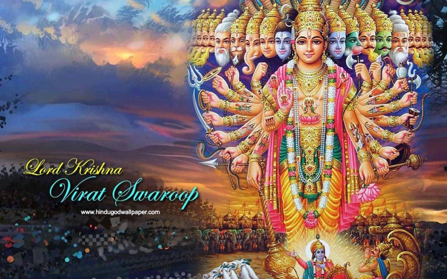 Mahabharat Krishna 桌布 壁紙 — 多臂神聖形態的克里希納主在暮色天空中散發金光，下方有天人。