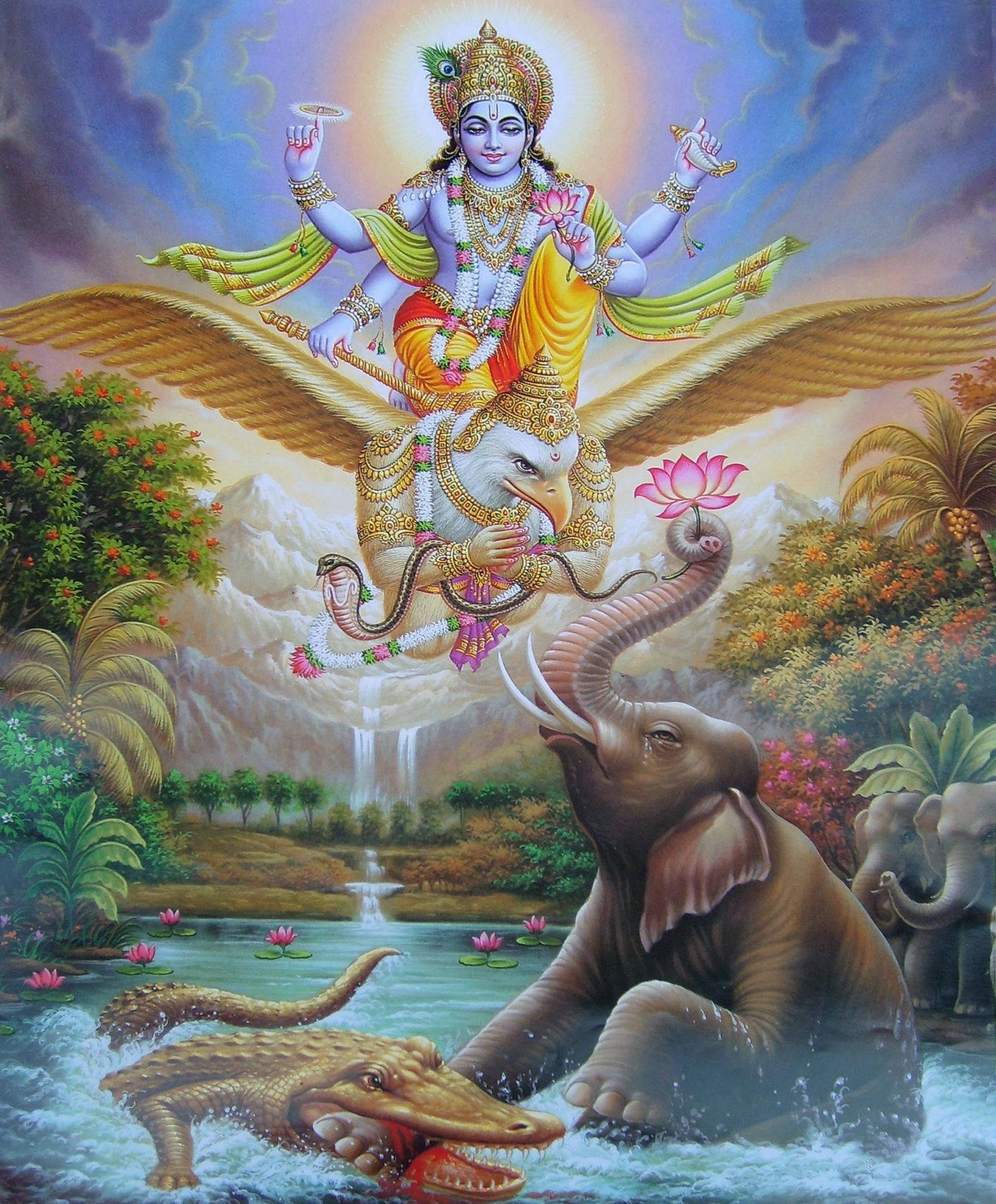 Vishnu 桌布 壁紙 — 多臂藍膚神祇騎著金鷹飛越茂密叢林河流，大象與鱷魚在此互動。