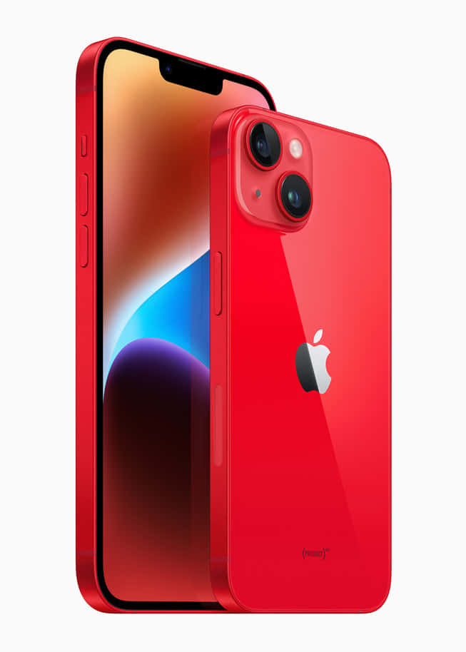 多色時尚iPhone系列 壁紙 — 光面紅色iPhone 14 Pro，正面和背面展示在純白背景上。