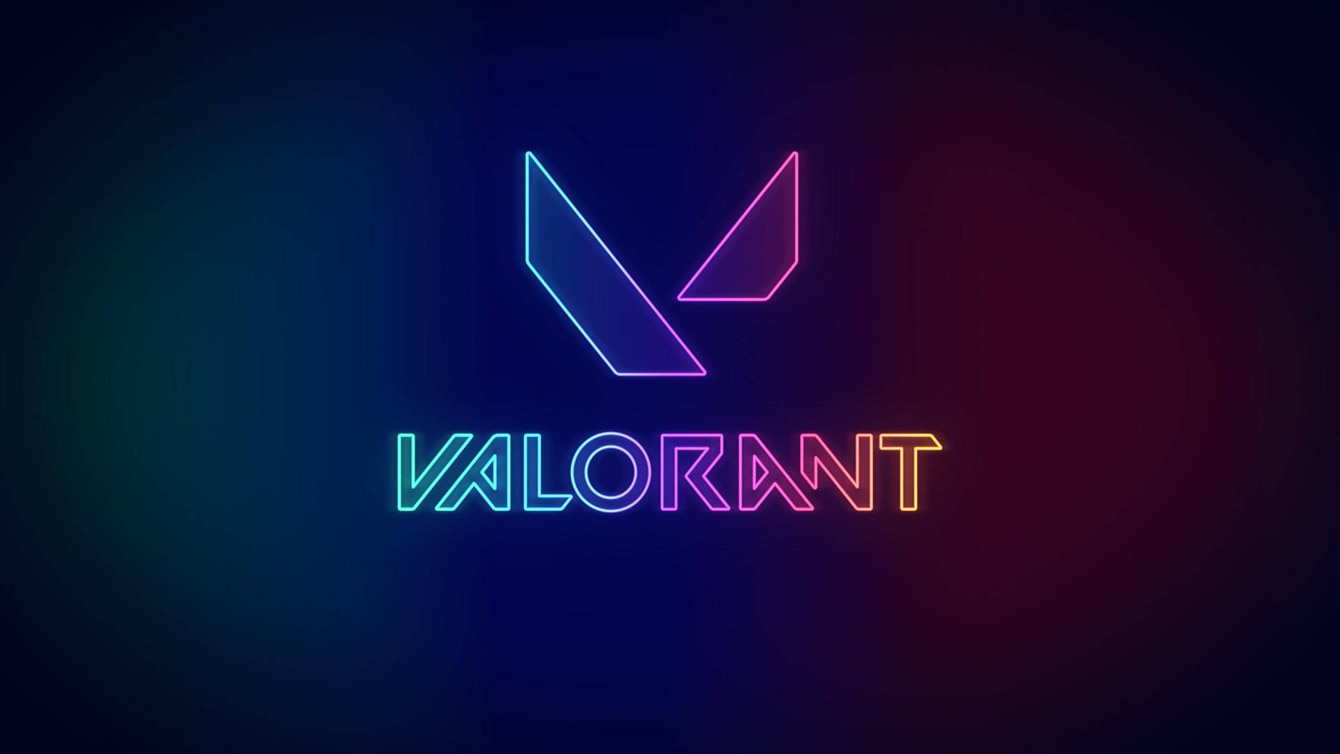 深色背景上帶有漸變色彩的發光霓虹燈Valorant標誌