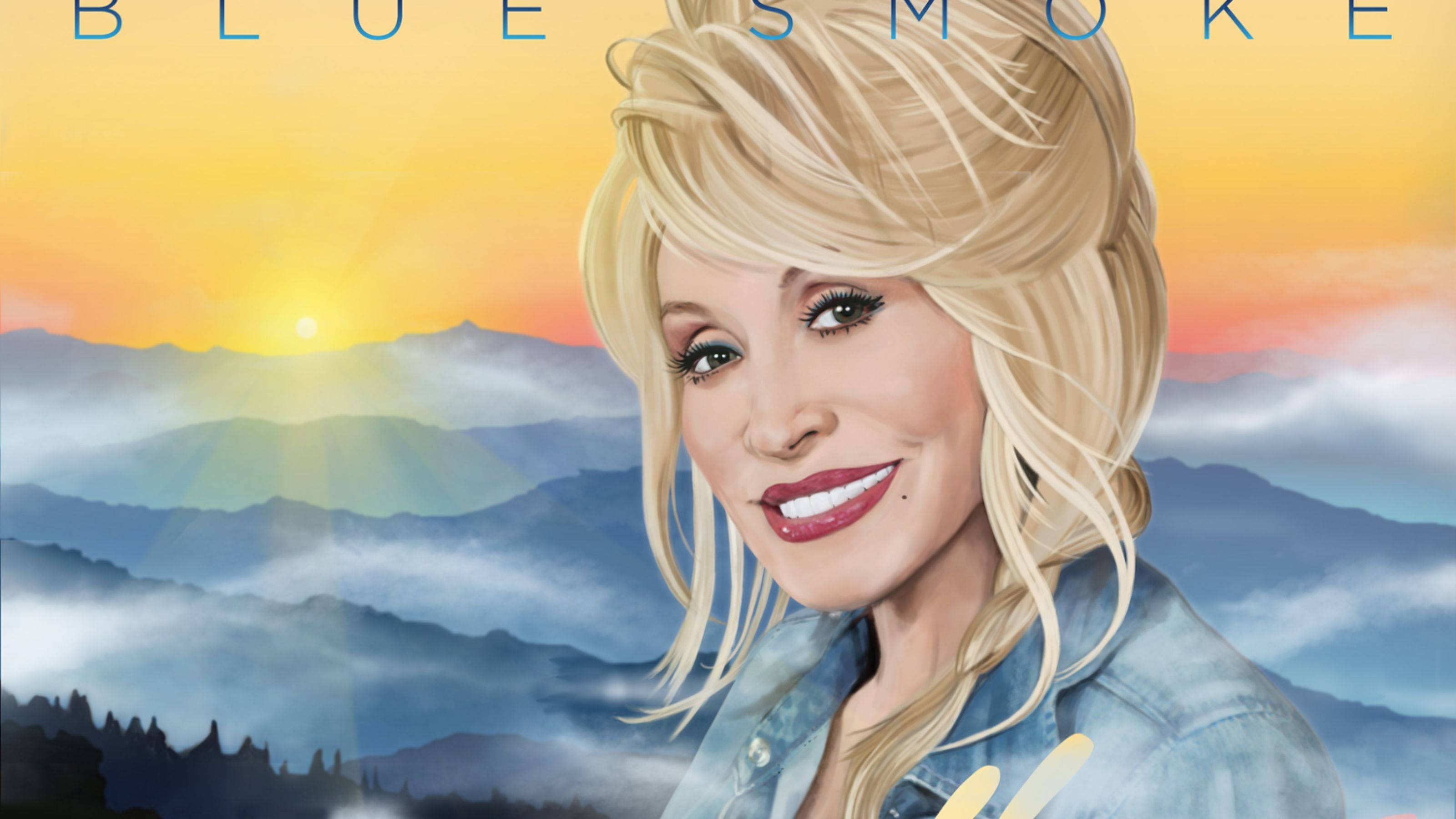 多莉·帕頓寫實插畫 壁紙 — 一幅充滿活力的數碼肖像，Dolly Parton 在霧氣繚繞的山巒日出背景下溫暖微笑。