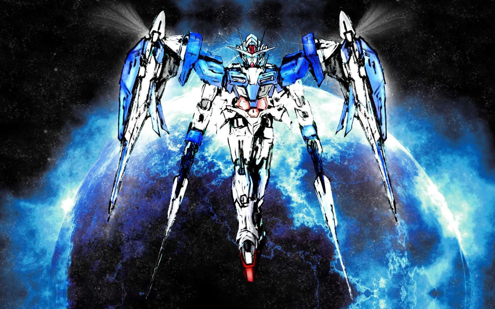 藍白相間的機甲機器人站在太空中發光的星球前。