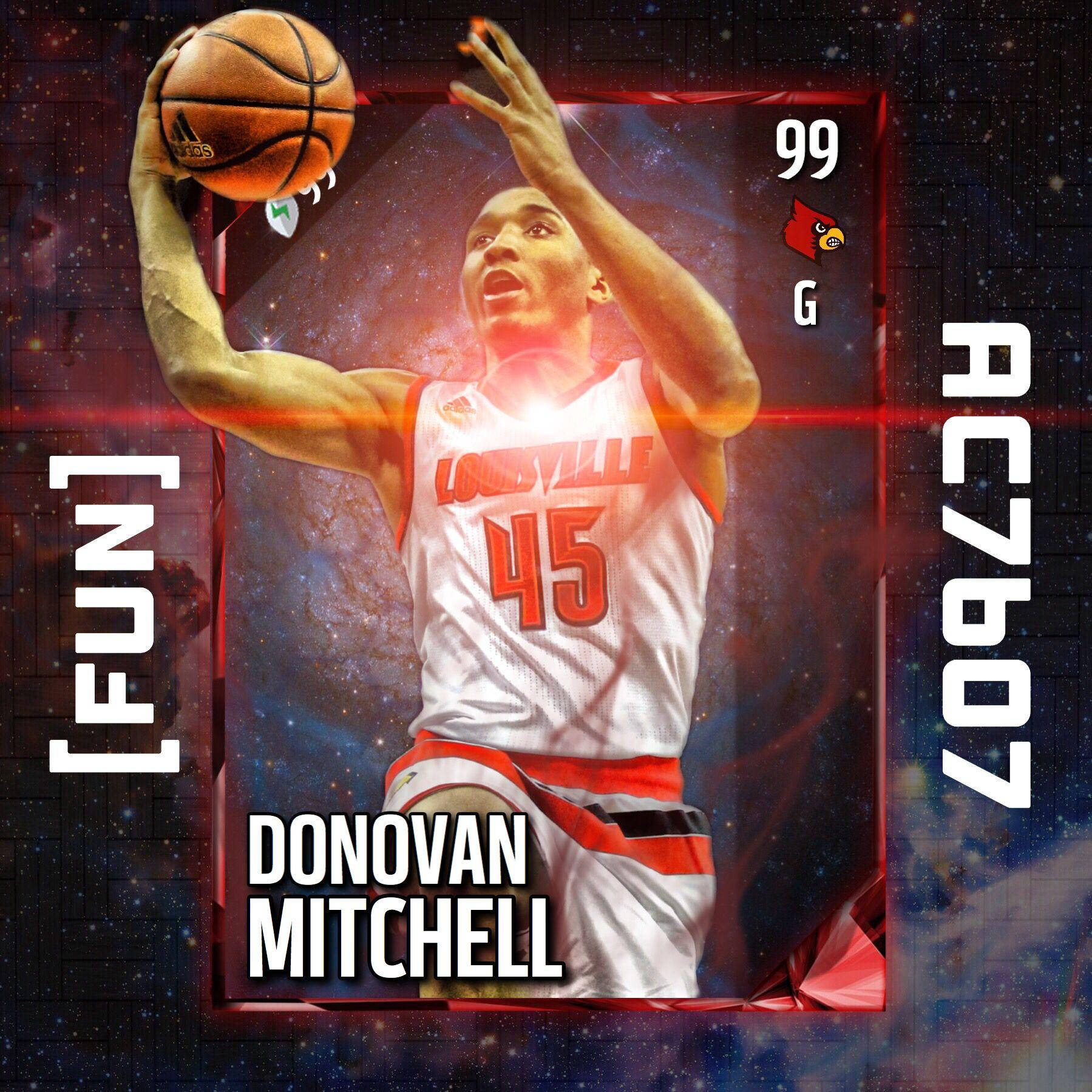 多諾萬·米切爾路易斯維爾比賽 壁紙 — 籃球運動員Donovan Mitchell身穿路易斯維爾球衣，在帶有發光紅色點綴的宇宙星空背景下投籃。