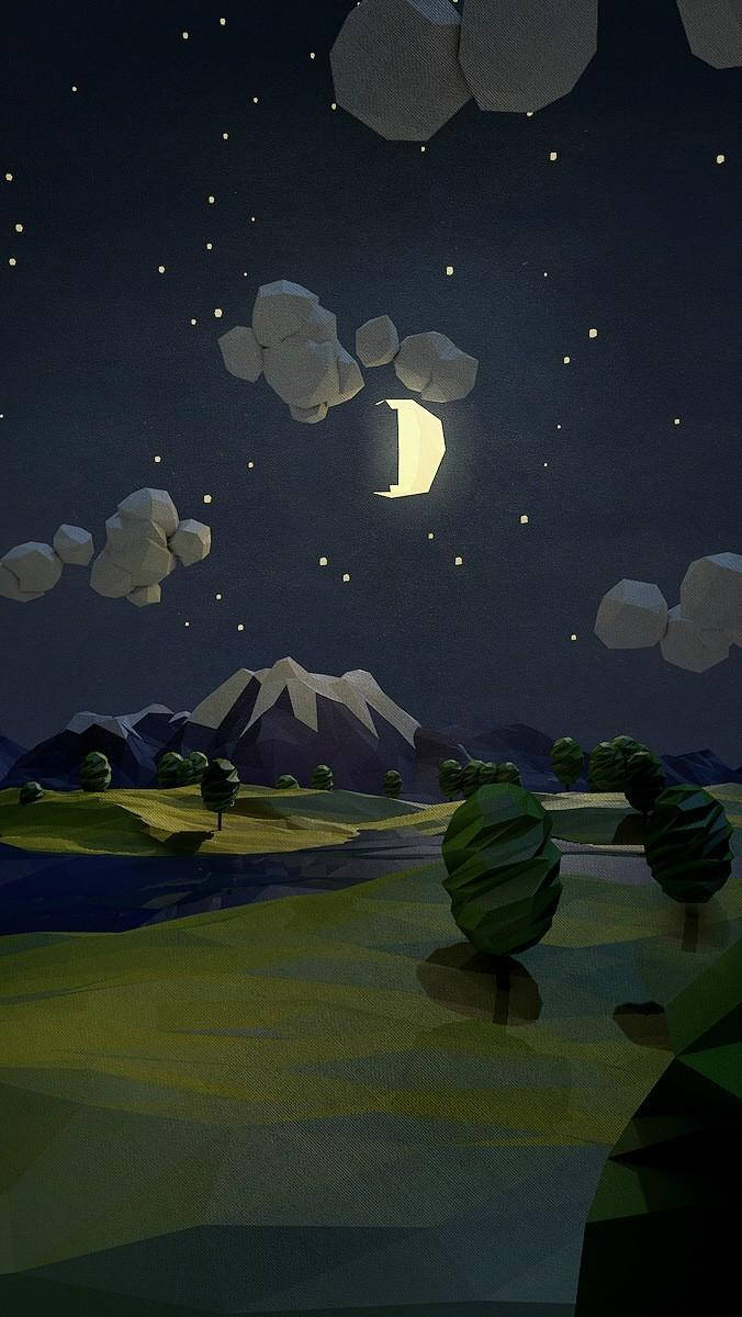 多邊形森林畫作 iPhone SE 壁紙 — 一個低多邊形風格的夜景，新月在幾何雲層後發光，照耀著雪山和起伏的丘陵。