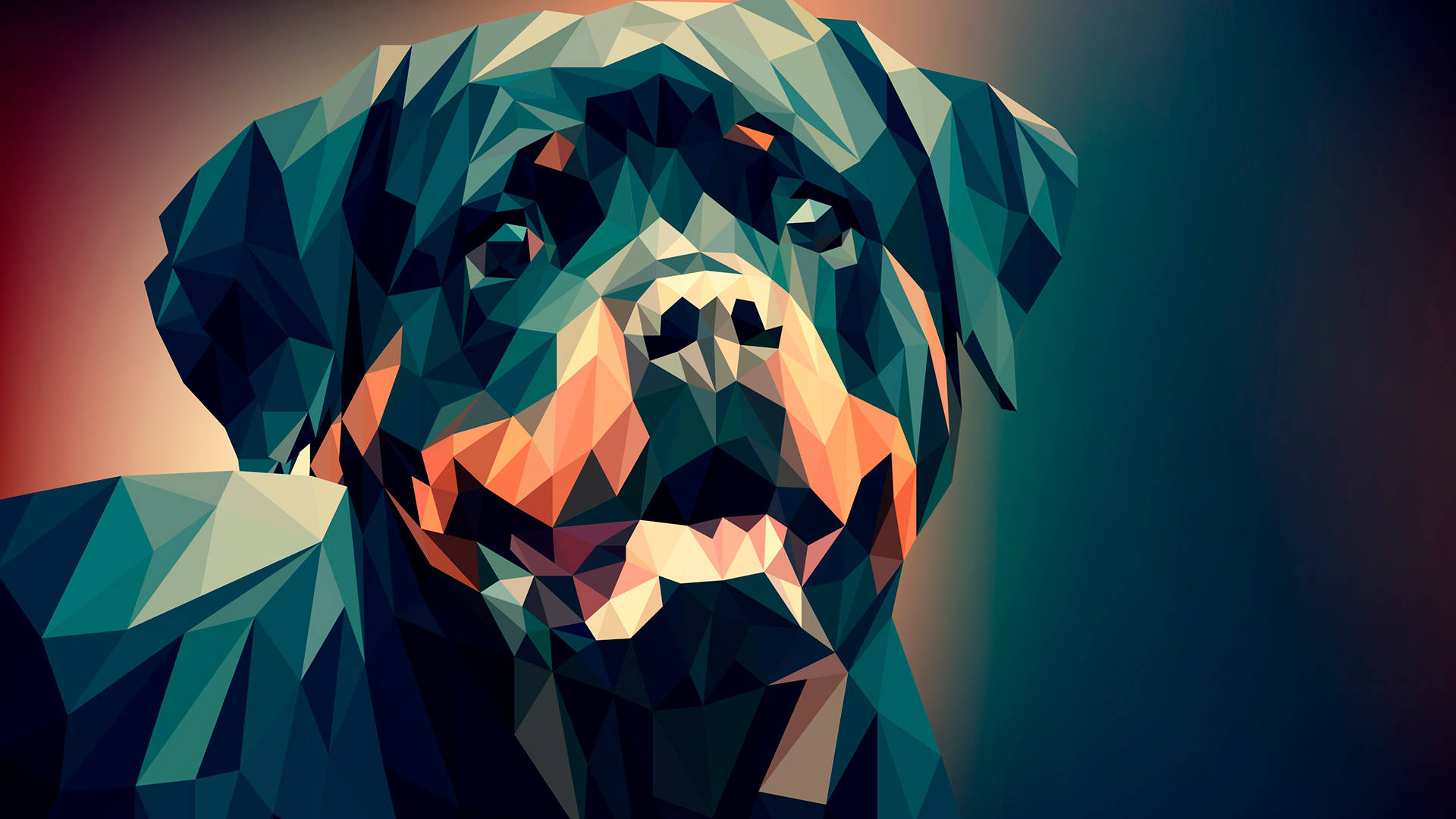多邊形藝術羅威納犬 壁紙 — 一隻洛威拿的風格化幾何肖像，帶有青綠色、橙色和深藍色調的尖銳多邊形切面。