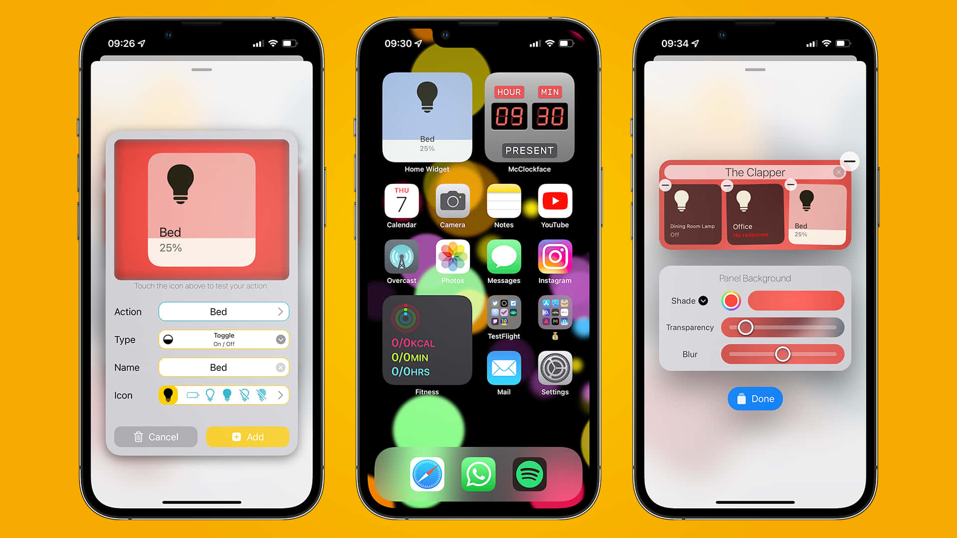 三個 iPhone 螢幕顯示 iOS 控制中心的燈光和設定小工具。