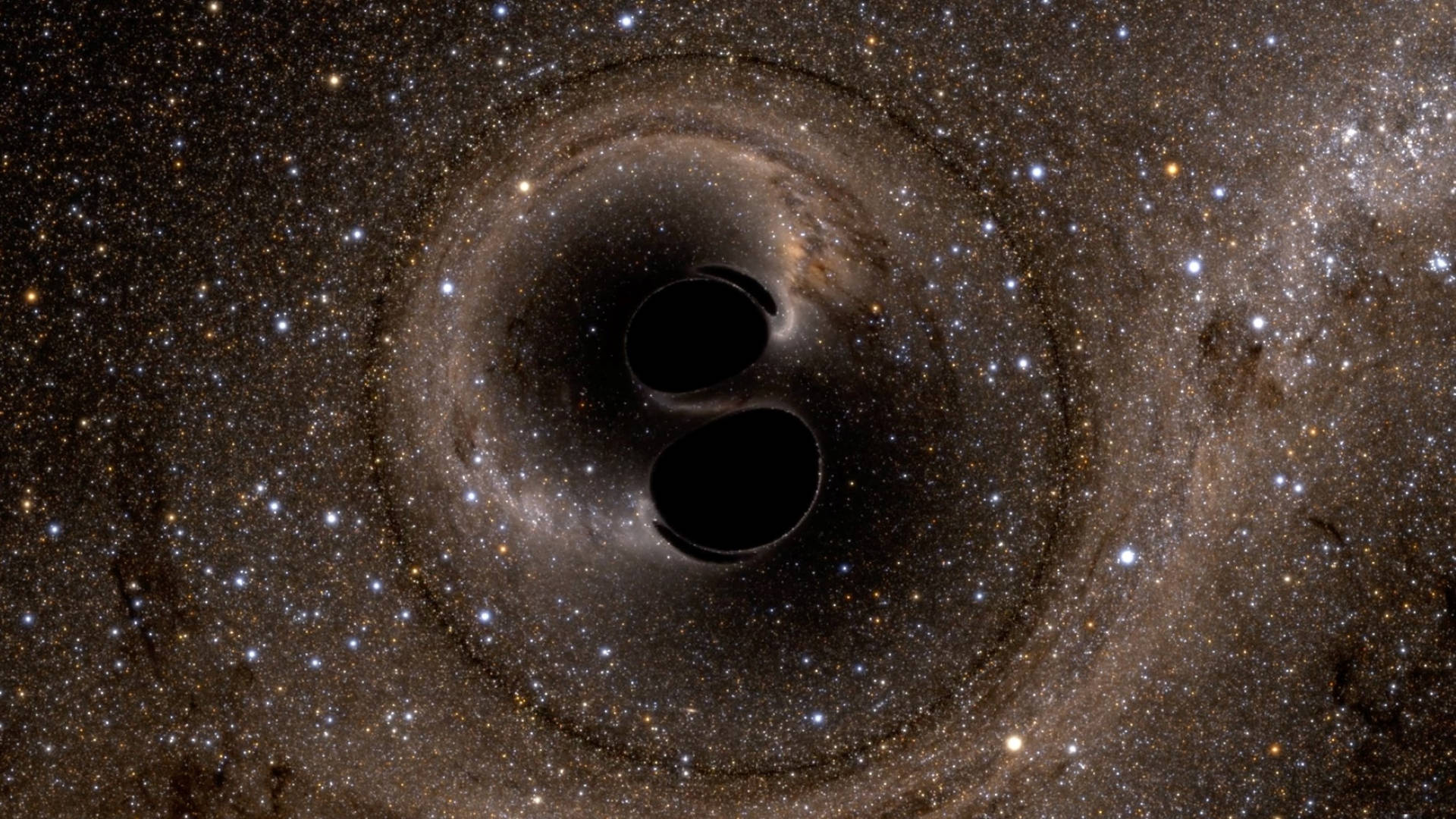 兩個黑洞喺深空軌道中，被星星同宇宙塵埃包圍。