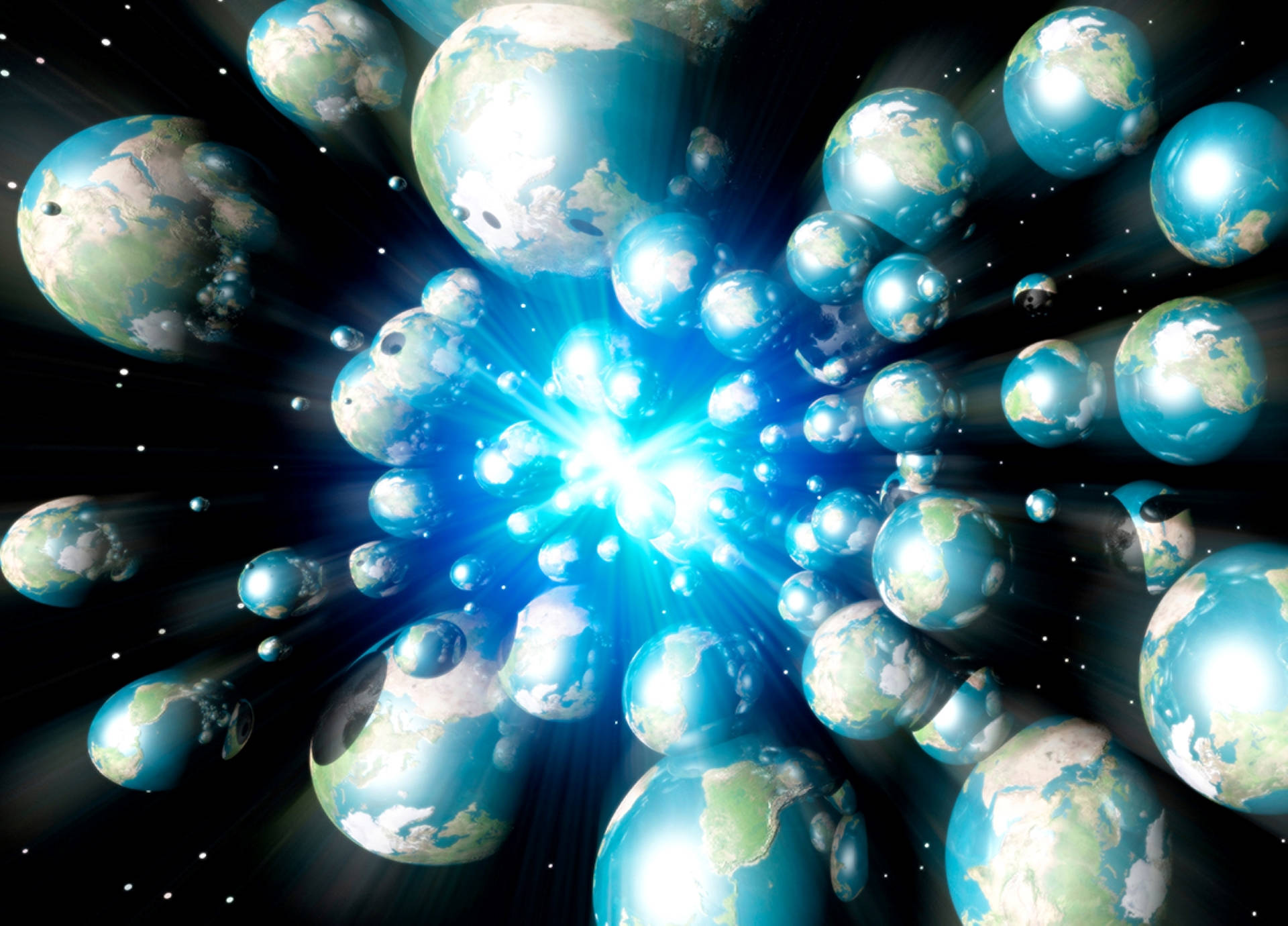 多重宇宙多個地球 壁紙 — 一場耀眼的藍色宇宙爆炸從中心爆發向外輻射，周圍漂浮著許多類似地球的行星，點綴在星空之中。