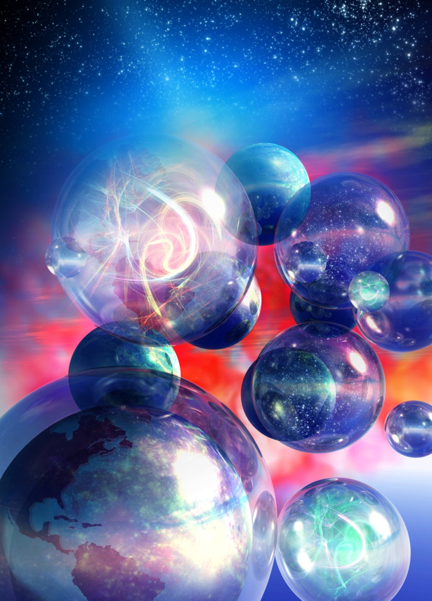 多重宇宙氣泡理論藝術 壁紙 — 漂浮的宇宙氣泡充滿星系和旋轉能量，穿過繁星點點的藍色和紅色星雲。
