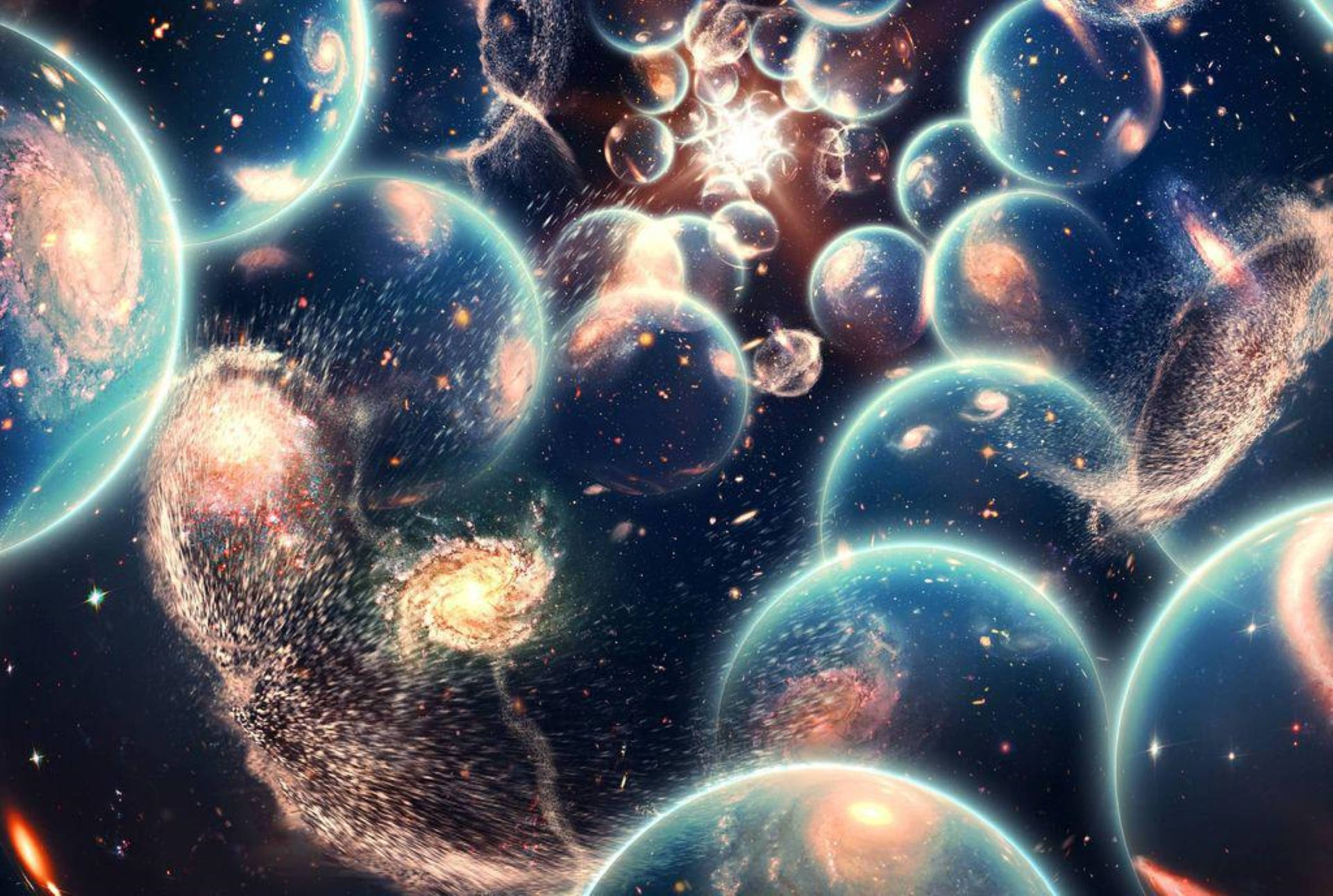 多重宇宙無限星系 壁紙 — 一個宇宙場景，發光的氣泡包含星系，在繁星點點的背景下漂浮於深空之中。
