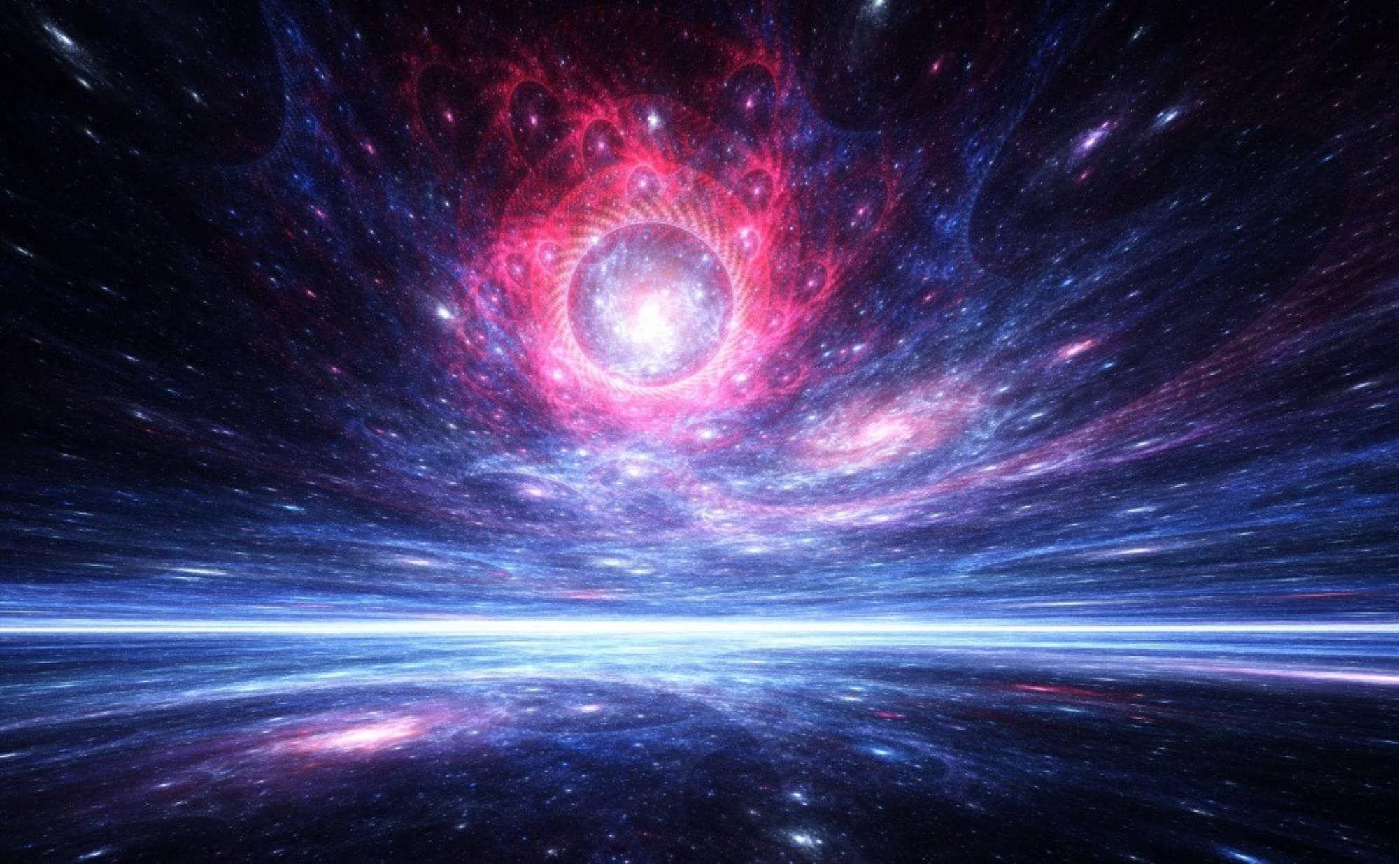 多重宇宙無限空間 壁紙 — 粉紅色和藍色星雲的宇宙漩渦圍繞著發光的中心球體旋轉，背景是星空。