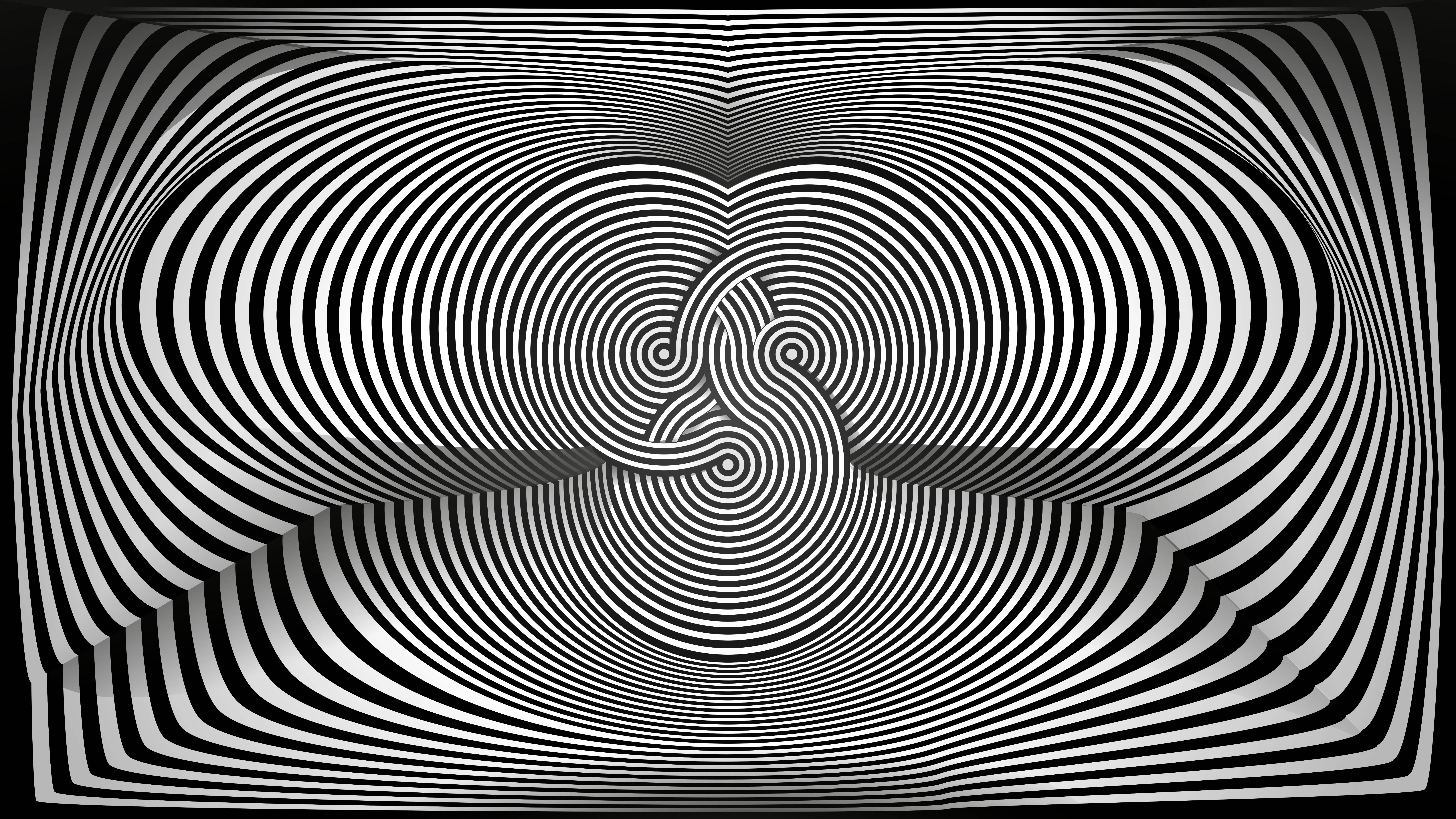 多重螺旋錯覺 壁紙 — 黑白光學錯覺，同心螺旋營造出3D隧道效果。