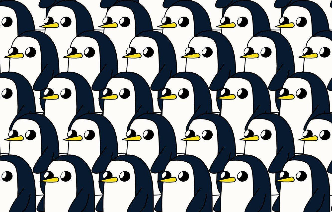 多隻 Gunter Adventure Time 壁紙 — 一個重複的圖案，由風格化的卡通企鵝組成，黑色頭部、白色身體和黃色喙，排列成密集的網格。