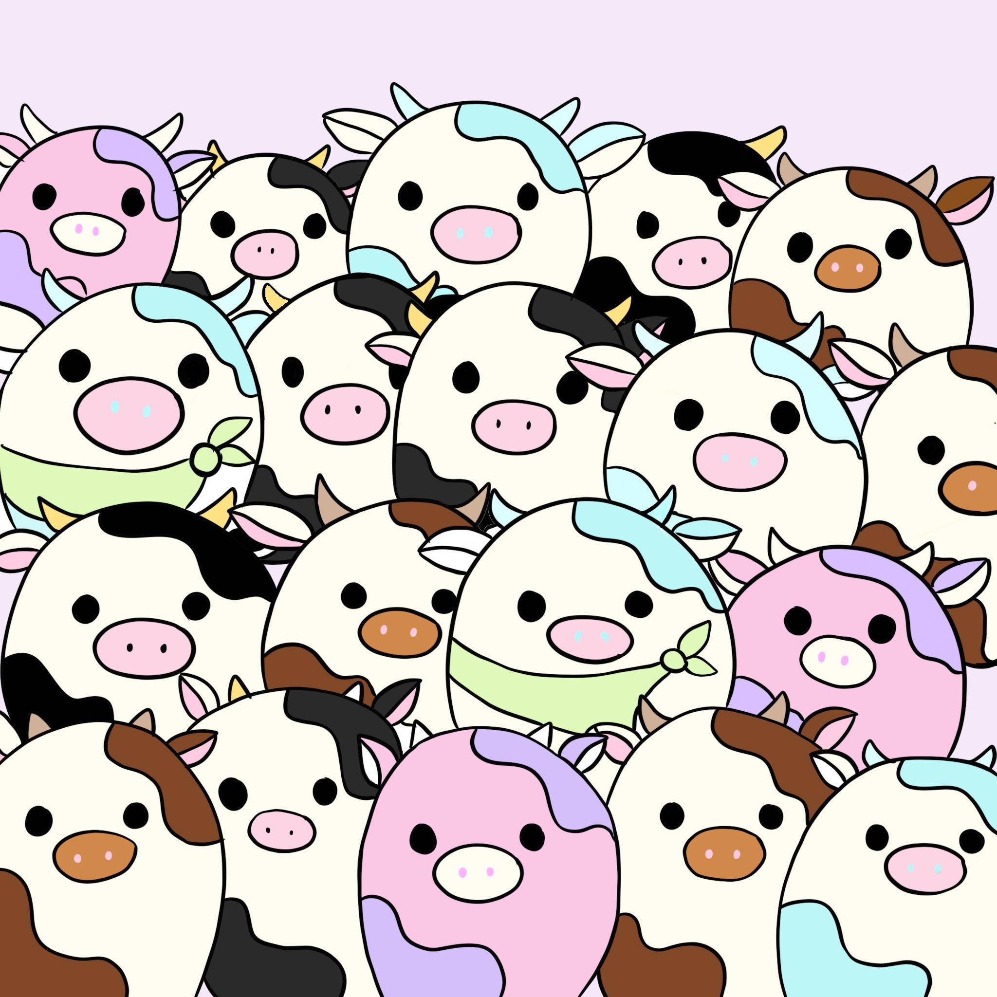 多隻 Squishmallows 牛 壁紙 — 一團密集的可愛卡通牛，帶有柔和色塊和簡單的黑色眼睛，背景是柔和的薰衣草色。