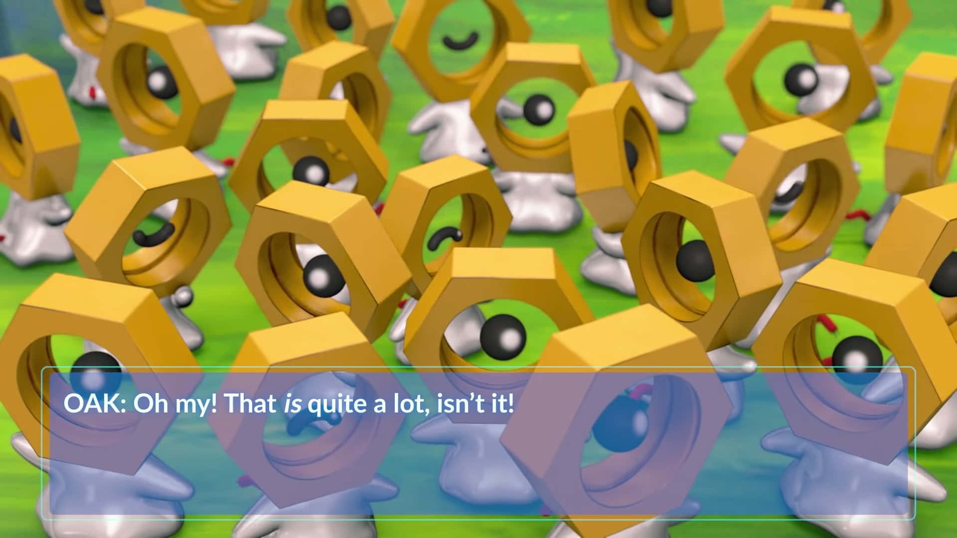 多隻活潑奔跑的Meltan 壁紙 — 一群黃色六角形、面帶微笑的寶可夢站在綠色田野上，對話框顯示OAK驚訝的反應。
