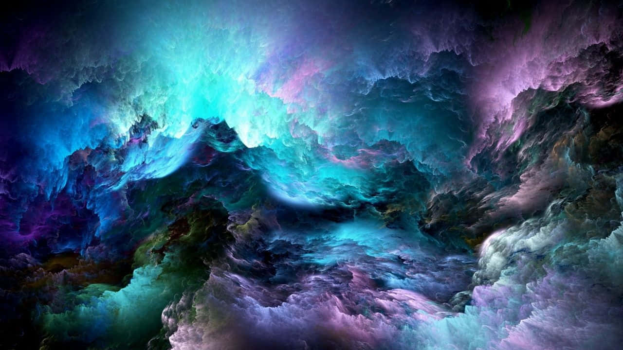 多雲天氣下的明亮海灘 壁紙 — 充滿活力的宇宙星雲在黑暗虛空中以電光藍、紫和青綠色旋轉。