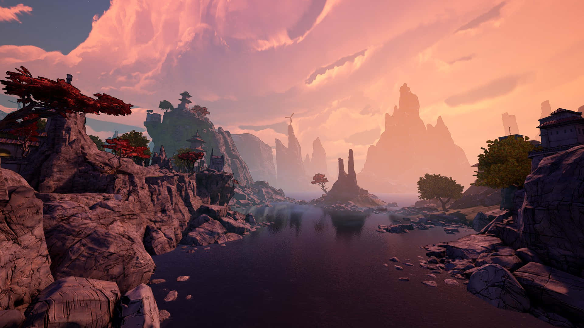 多雲天空 1920x1080《邊境之地3》背景 壁紙 — 日落時分的寧靜數位景觀，粉紅色的雲彩倒映在平靜的河流中，周圍環繞著岩石峭壁和古代遺跡。