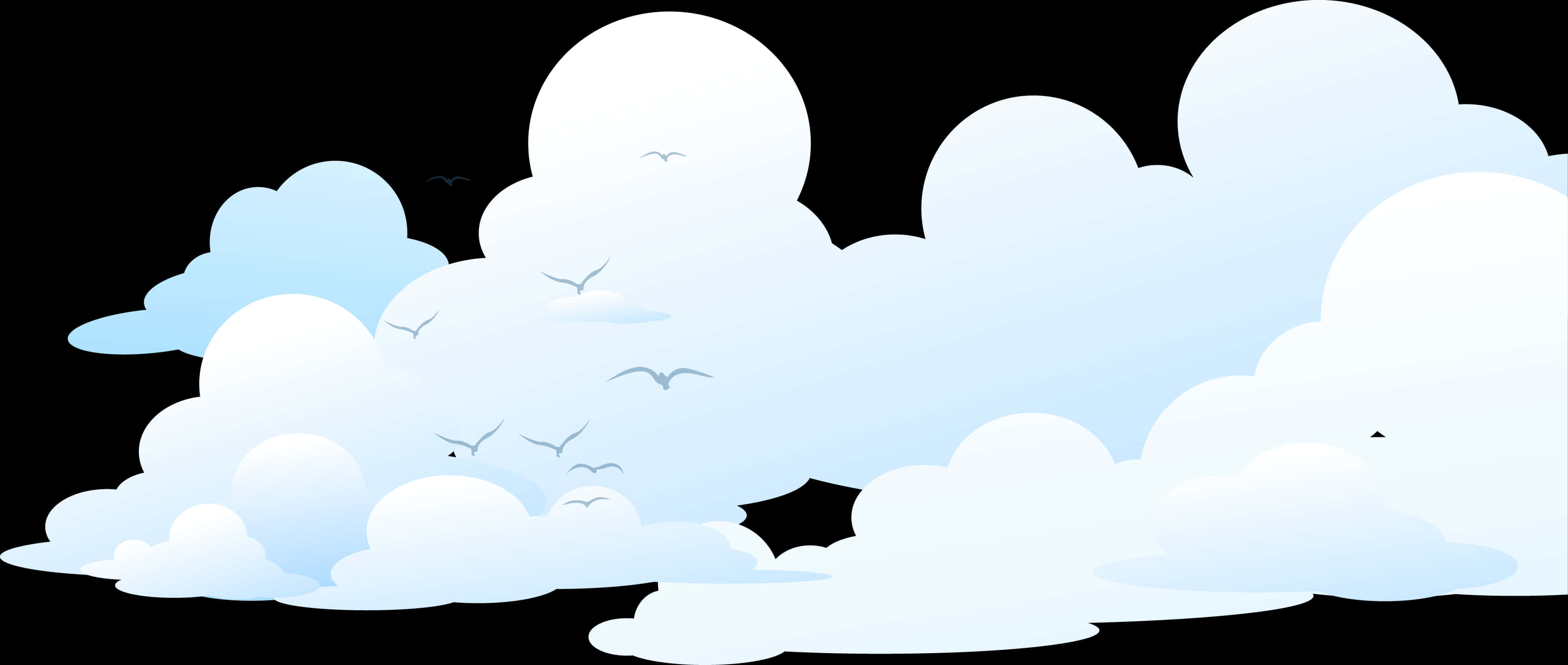 多雲天空向量插圖 壁紙 — 柔和的藍色和白色卡通雲朵漂浮在黑色背景上，小鳥在它們之間飛翔。