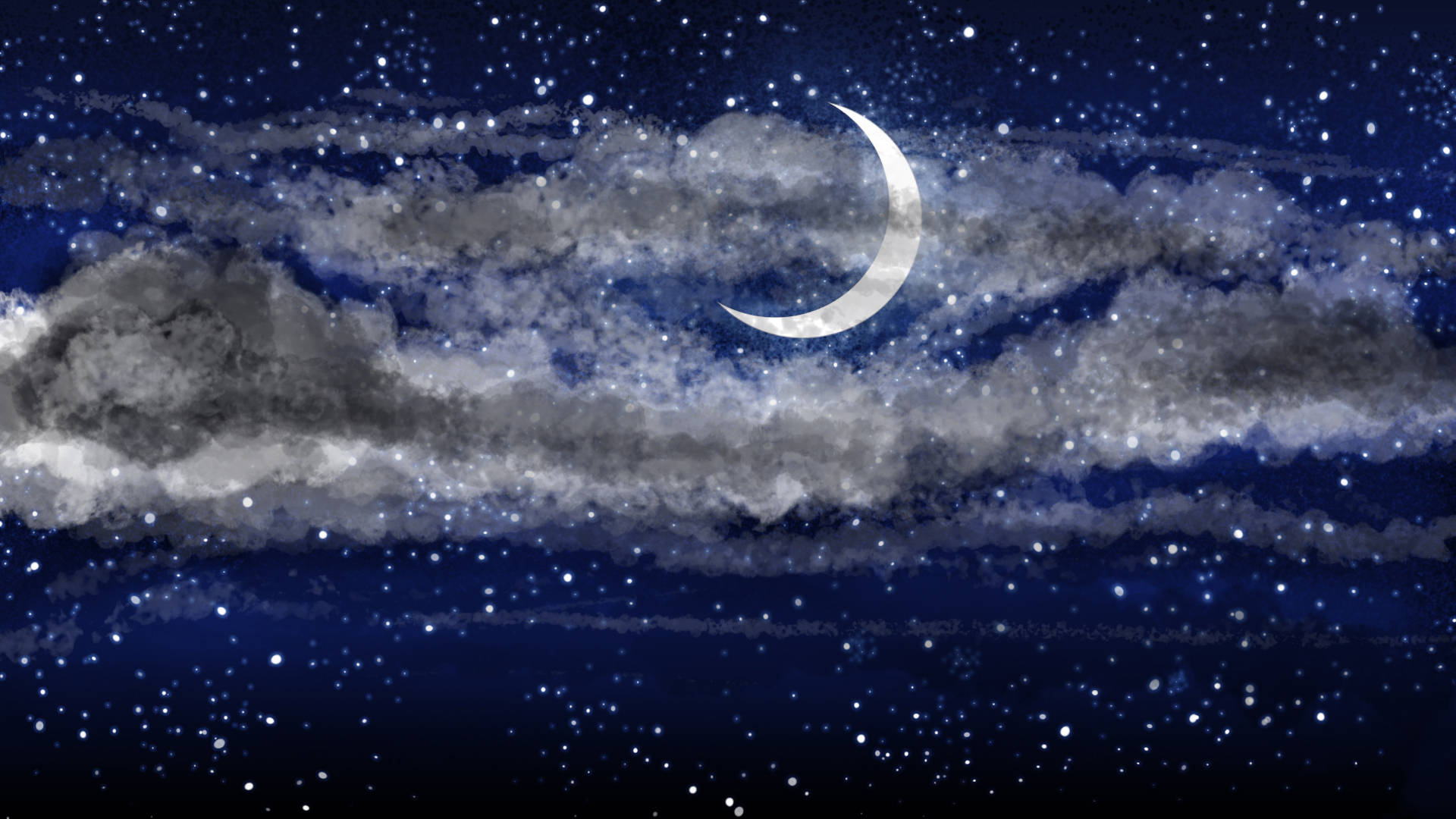 新月穿過雲層在繁星點點的夜空中閃耀。 — 月亮與星星動畫 壁紙