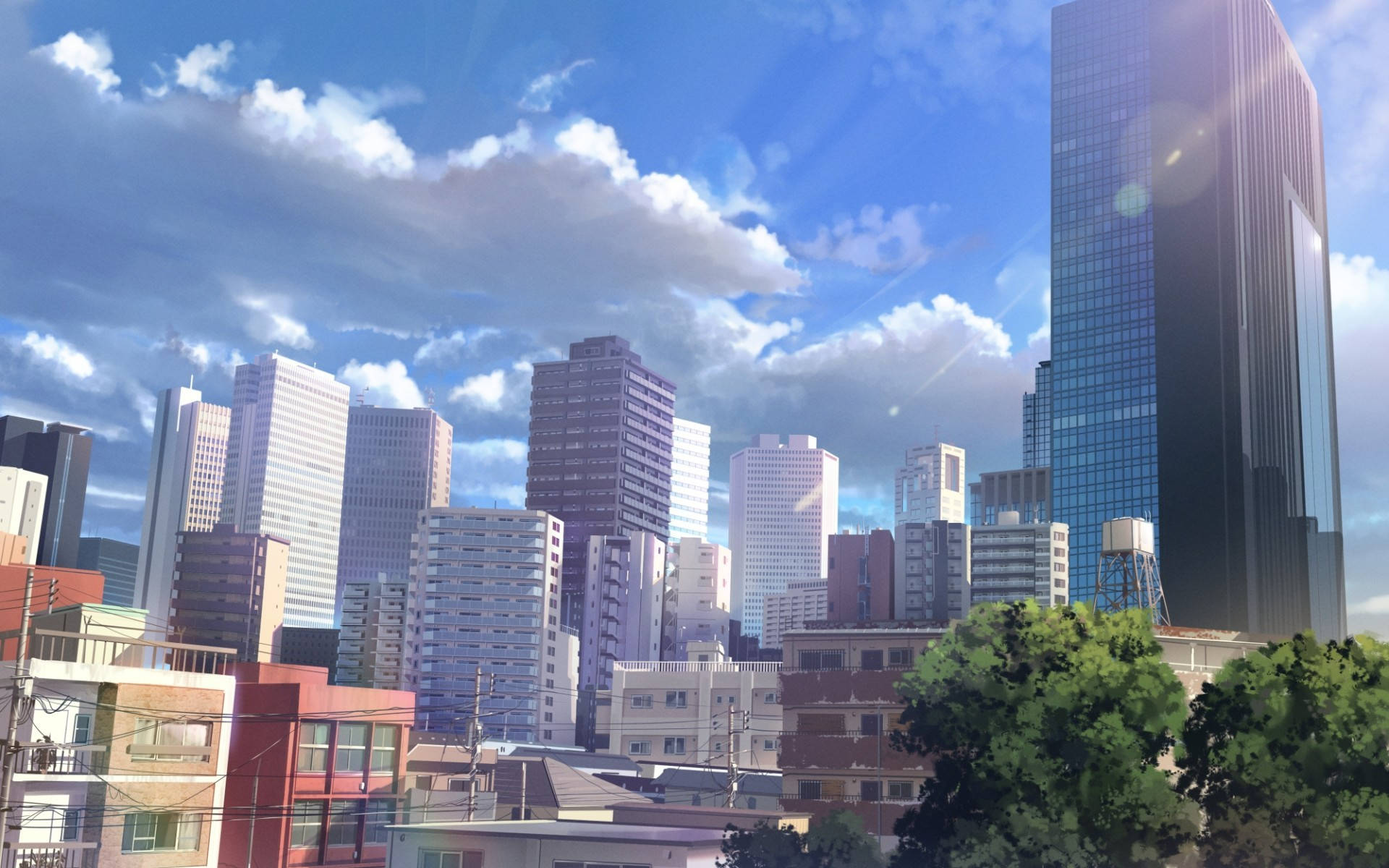 動畫風格的城市，高樓大廈和綠樹在晴朗的天空下。