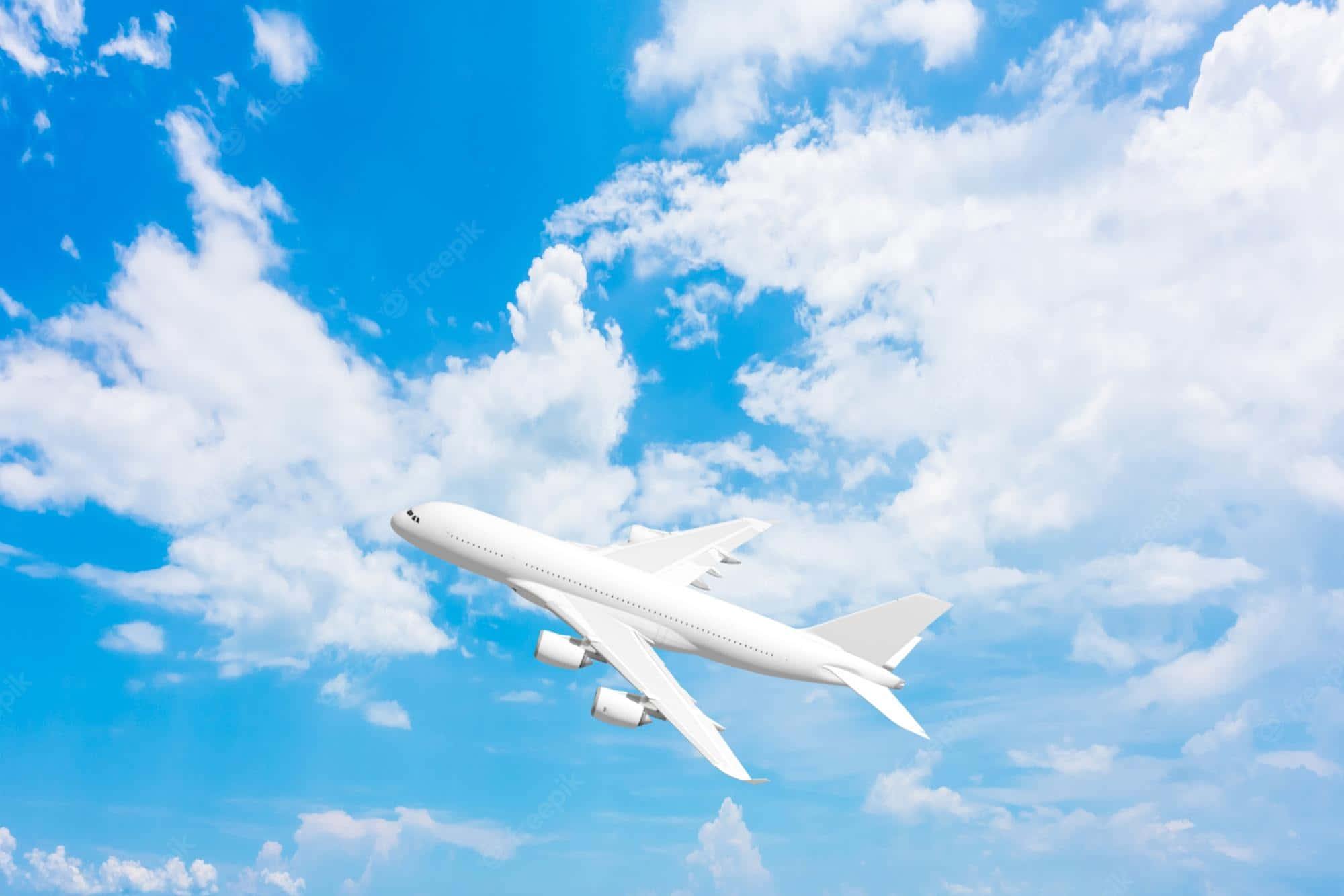 多雲藍天飛機背景 壁紙 — 一架流線型白色客機在點綴著蓬鬆白雲的湛藍天空中優雅翱翔。