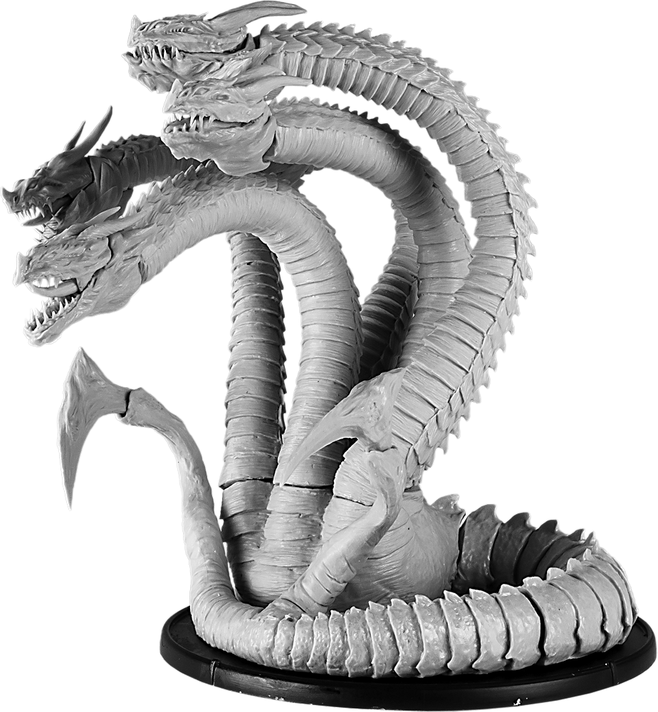 多頭海德拉雕塑 壁紙 — 一個單色3D渲染的多頭龍雕像，帶有詳細的鱗片和鋒利的牙齒，盤繞在底座上。