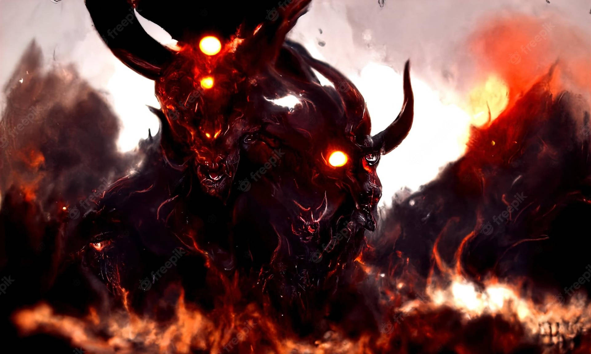 多頭烈焰惡魔 壁紙 — 一個惡魔般的生物，有著發光的紅色眼睛和角，從煙霧繚繞的火焰背景中出現。