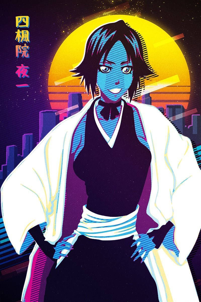夜一·四楓院月夜風景 壁紙 — 一個藍皮膚的動漫角色穿著白色長袍，自信地站在風格化城市景觀上充滿活力的霓虹日落前。
