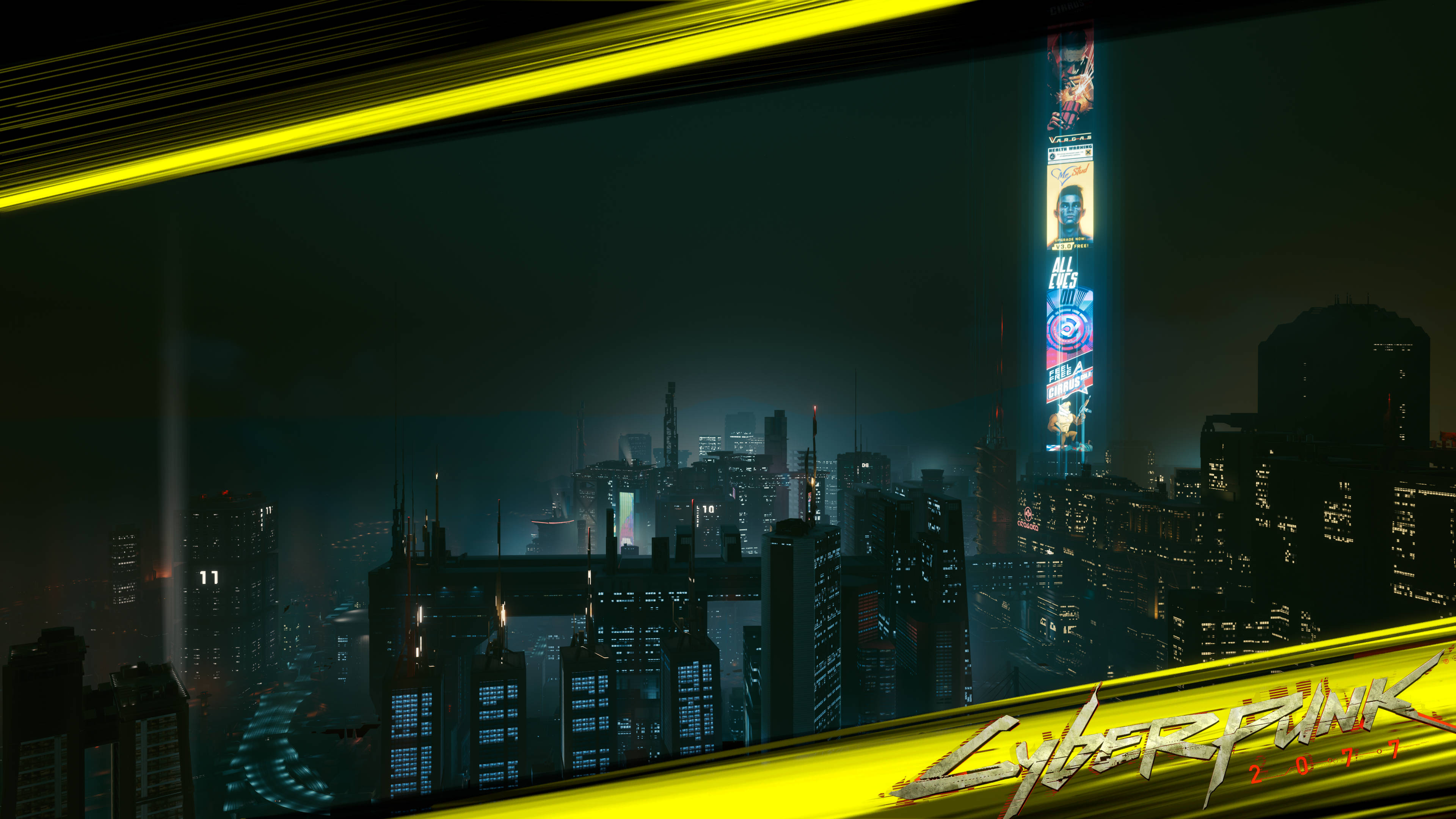 夜之城摩天大樓賽博朋克桌面壁紙 壁紙 — 一個充滿霓虹燈的賽博龐克城市夜景，高聳的摩天大樓和發光的廣告牌在黑暗的天空下。