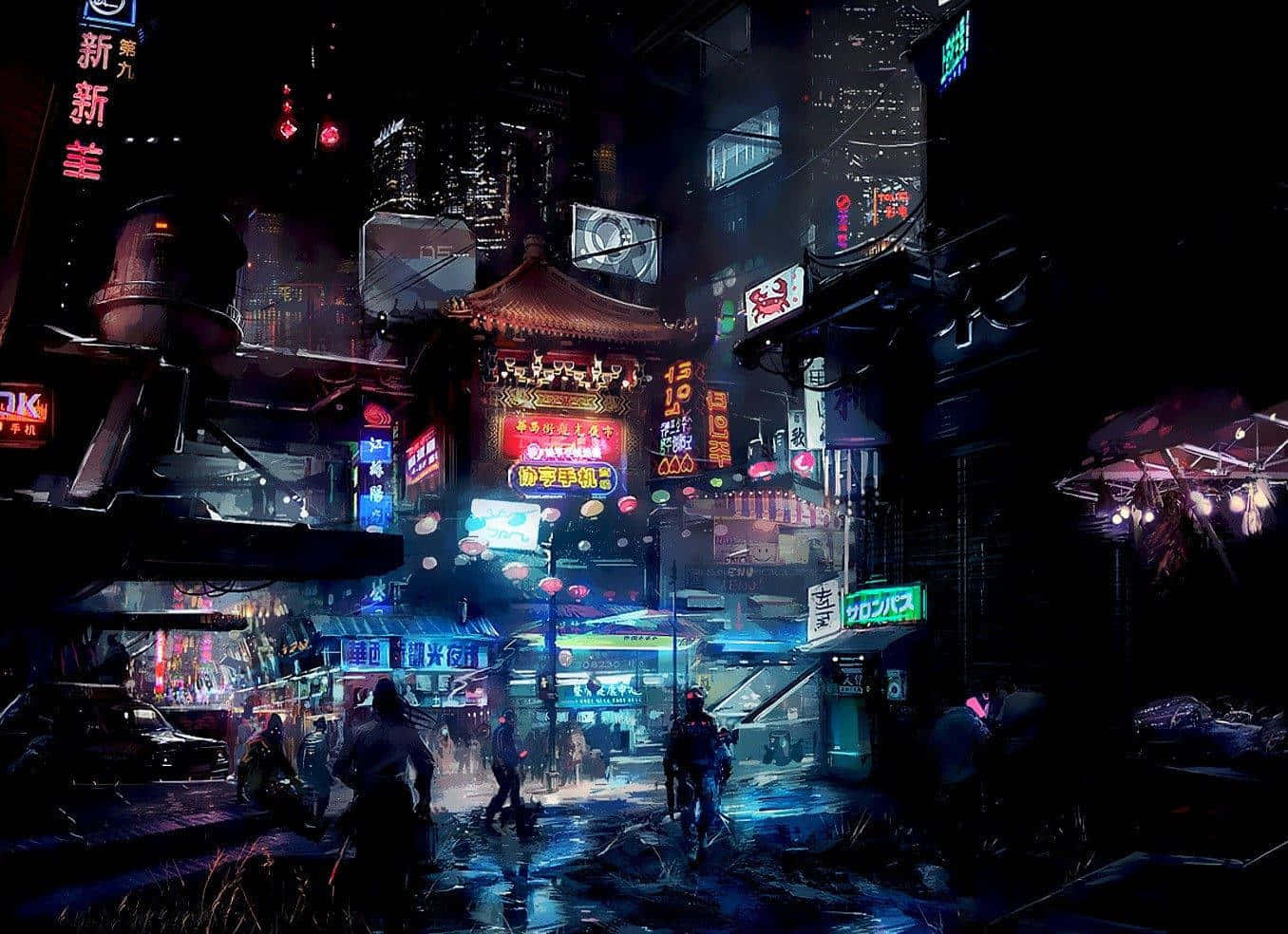 夜之城的超現實綠光天際線 壁紙 — 夜晚一條被霓虹燈淹沒的賽博朋克小巷，有發光的招牌、雨水濕滑的街道，以及在高聳未來天際線下的剪影行人。