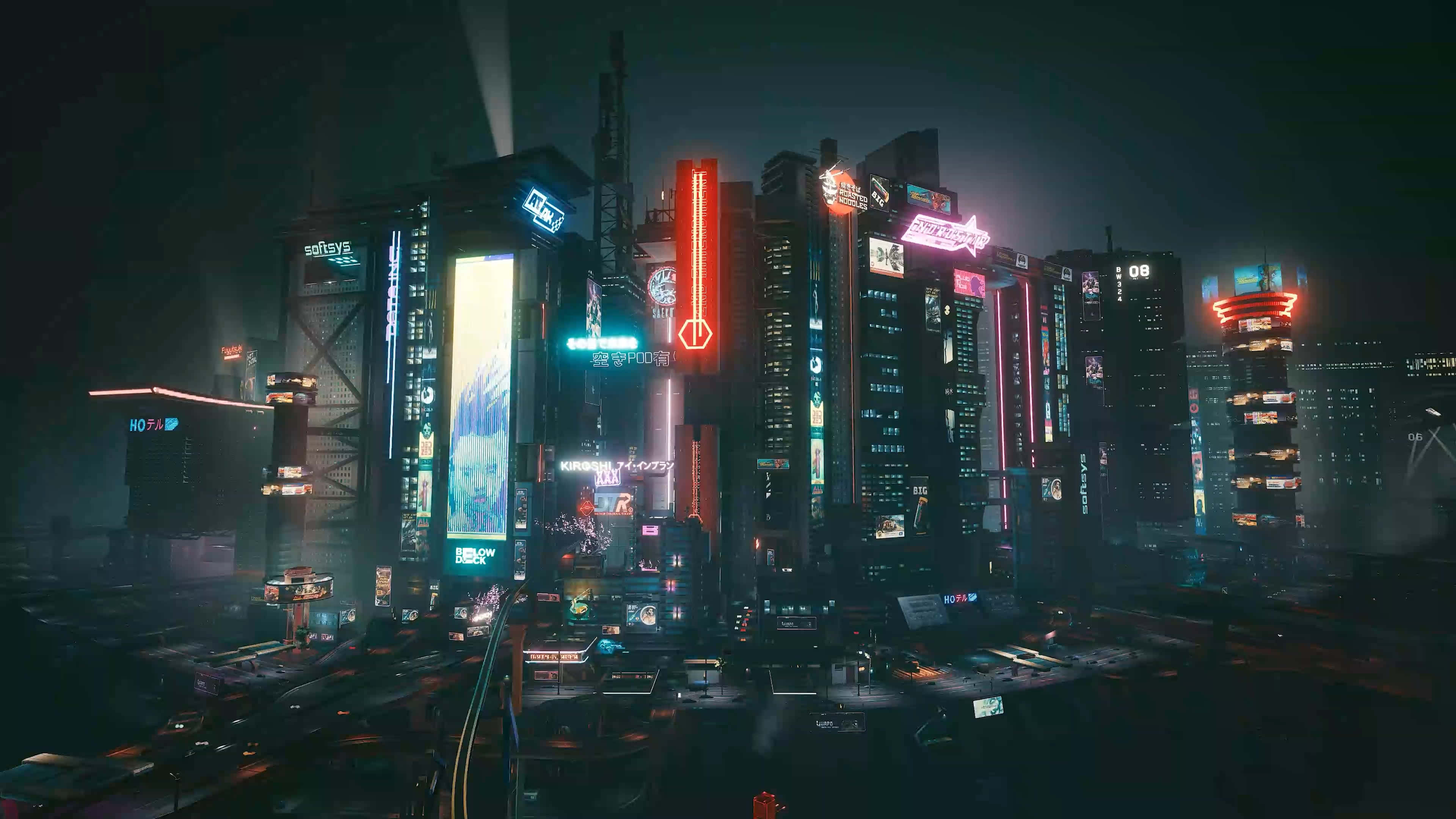 夜之城繁華都市的鳥瞰圖 壁紙 — 夜晚霓虹燈閃爍的賽博龐克城市景觀，高聳的摩天大樓散發著充滿活力的數位廣告牌和全息投影。