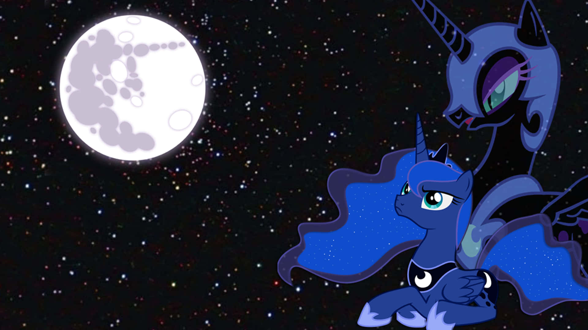 夜之惡夢月的陰影籠罩艾奎斯特里亞 壁紙 — 一隻藍色小馬長有星形翅膀，在星空下仰望新月。