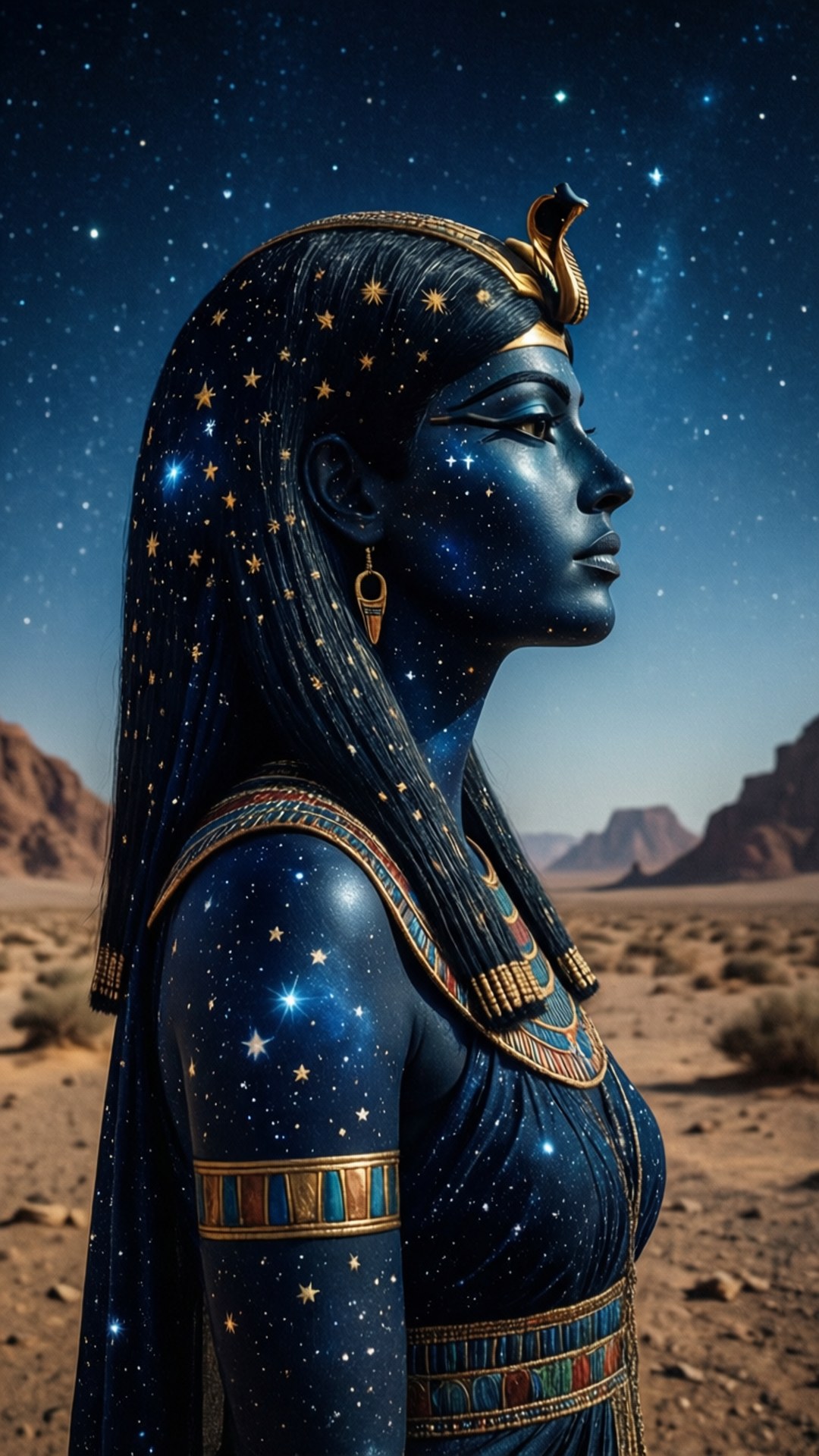 夜女神努特 壁紙 — 一位星膚埃及女王在沙漠之夜，戴著金色頭飾和天體圖案，在星空下。