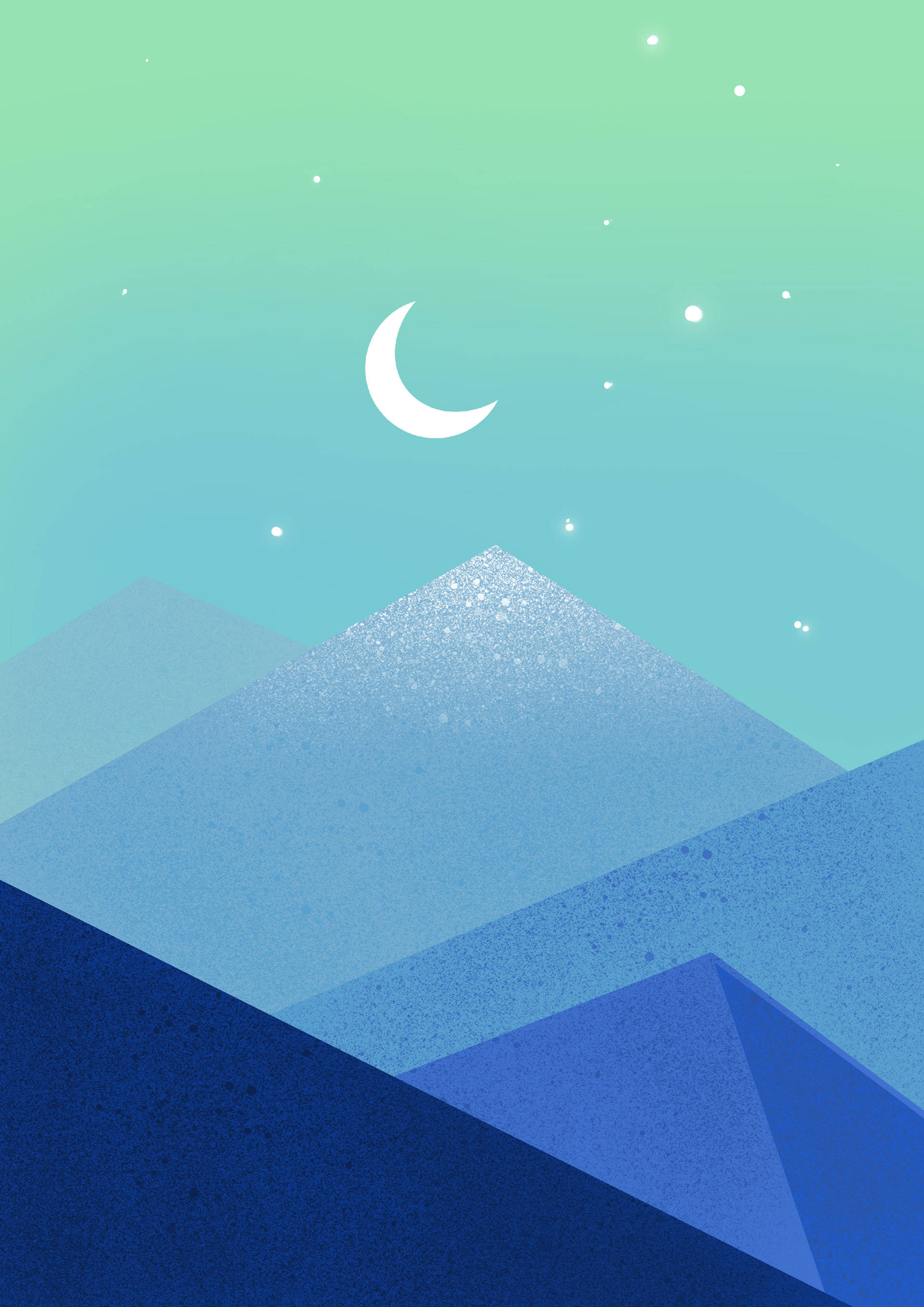夜山極簡安卓壁紙 壁紙 — 新月和星星下的幾何山峰，背景為漸變的青色和藍色天空。