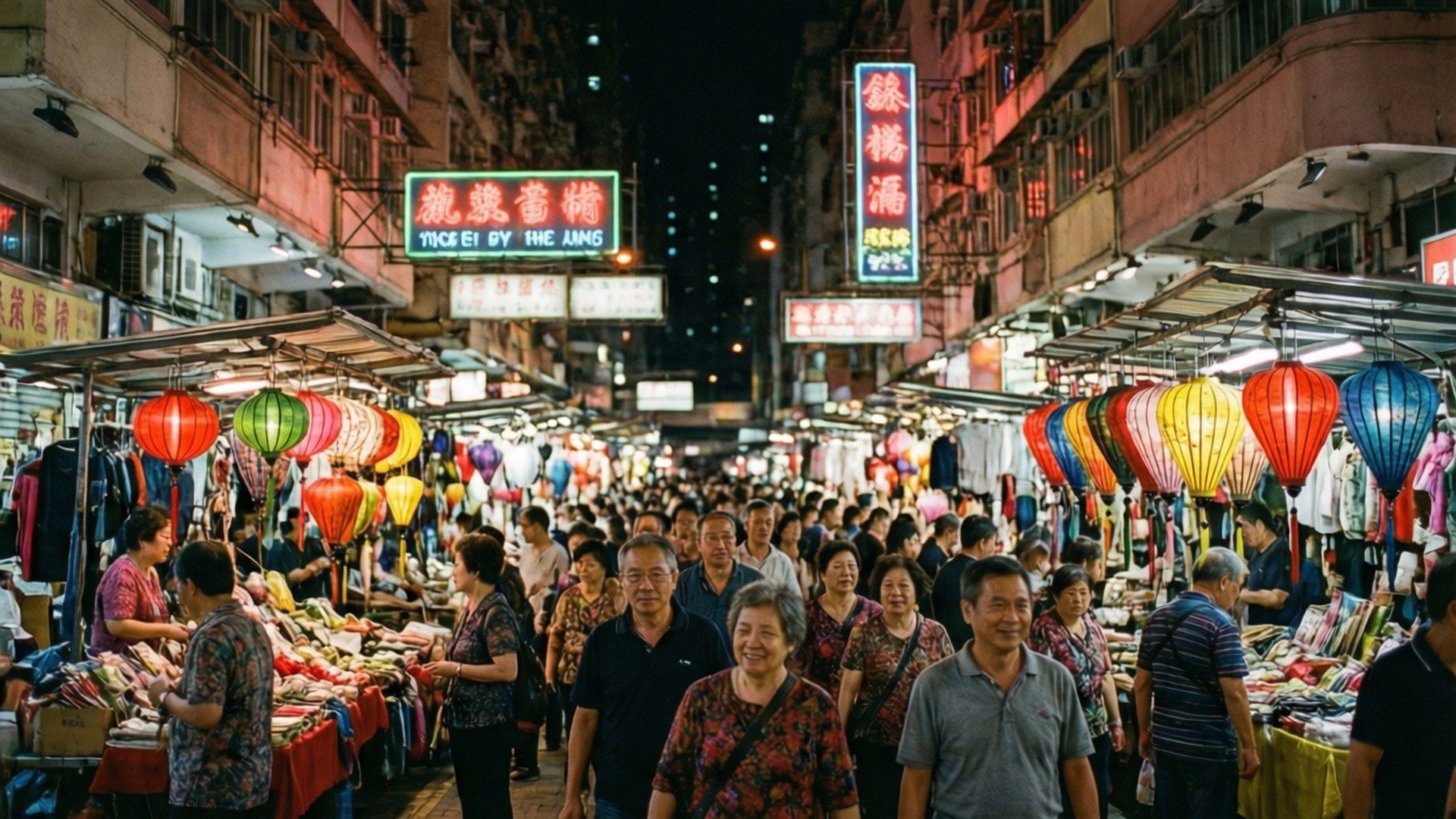 夜市街道，在霓虹燈招牌下擠滿了購物者和閃爍的燈籠。