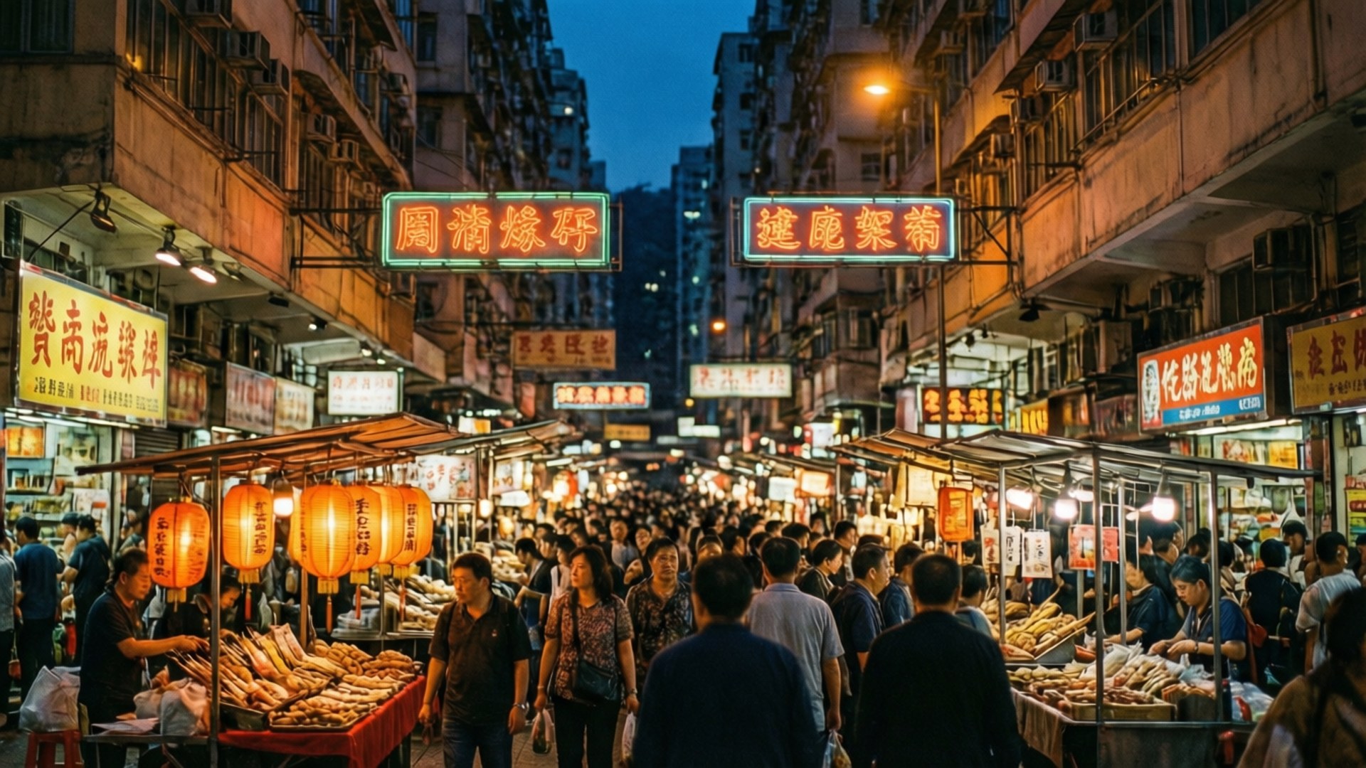 充滿活力的香港夜市，掛滿發光的燈籠和霓虹招牌。
