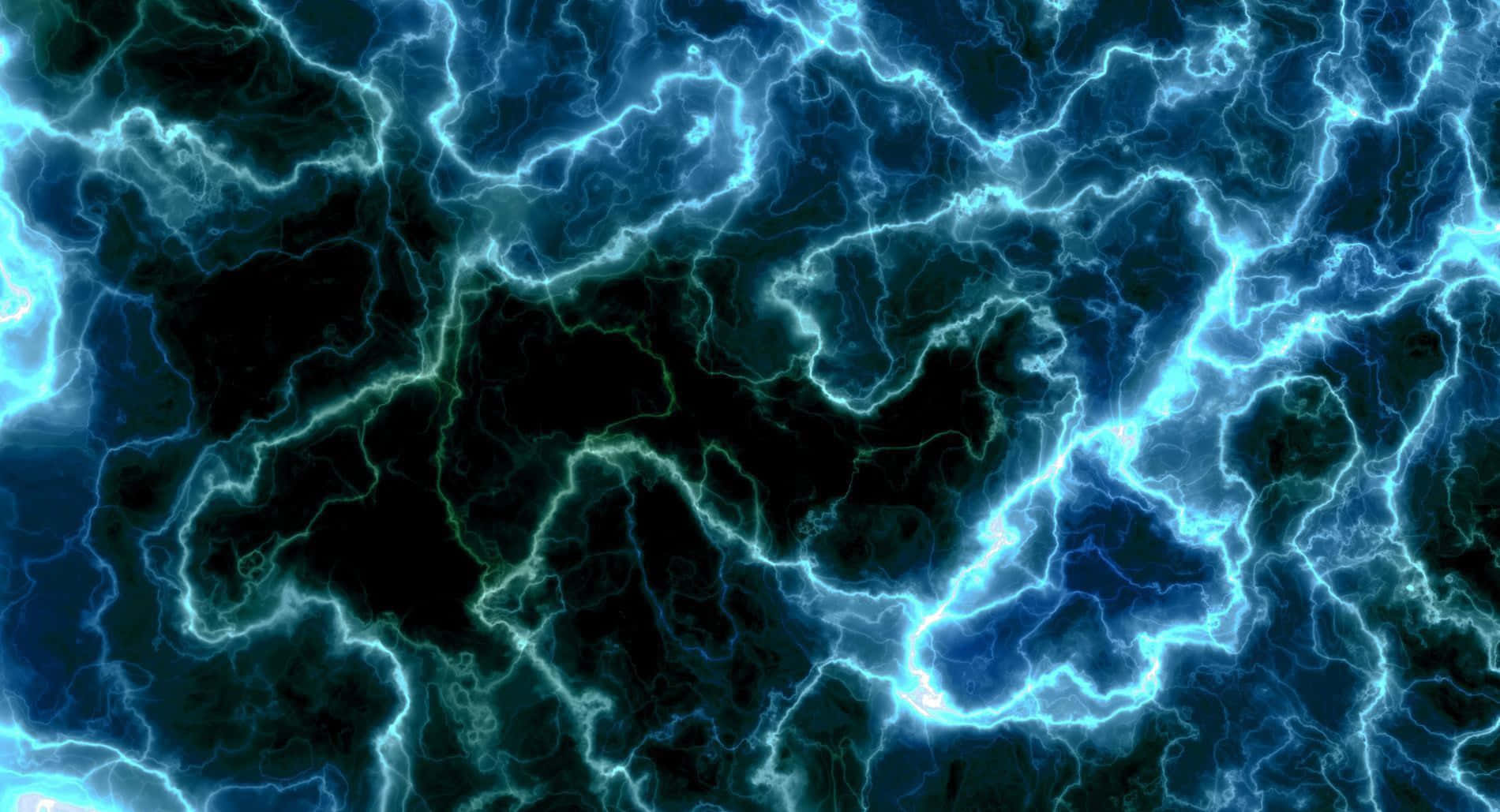 夜幕下城市上空的壯觀閃電 壁紙 — 鮮豔的藍色閃電在黑暗虛空中劈啪作響，形成動態的數位風暴。