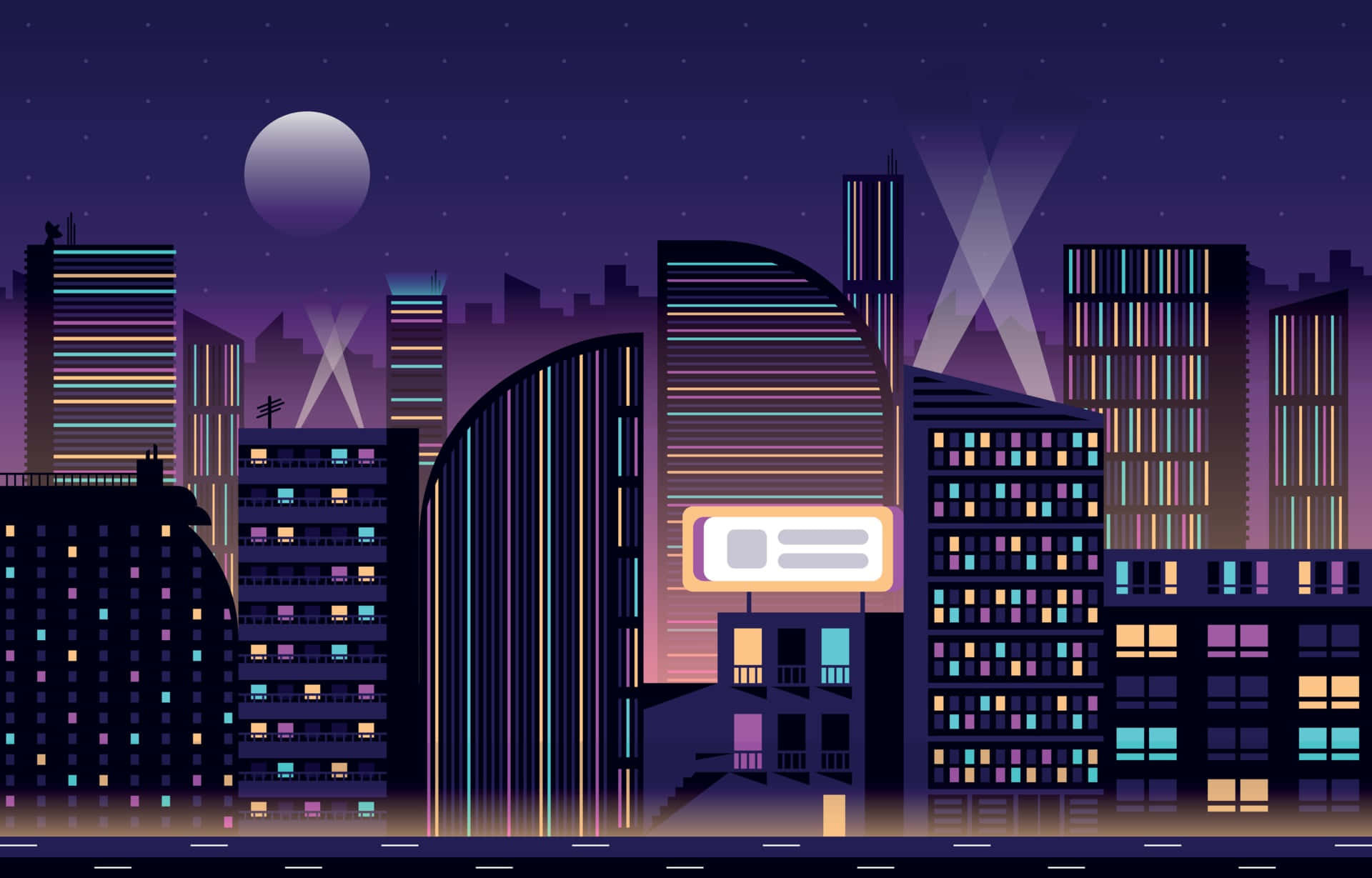 夜幕下有建築與月亮的城市景觀 壁紙