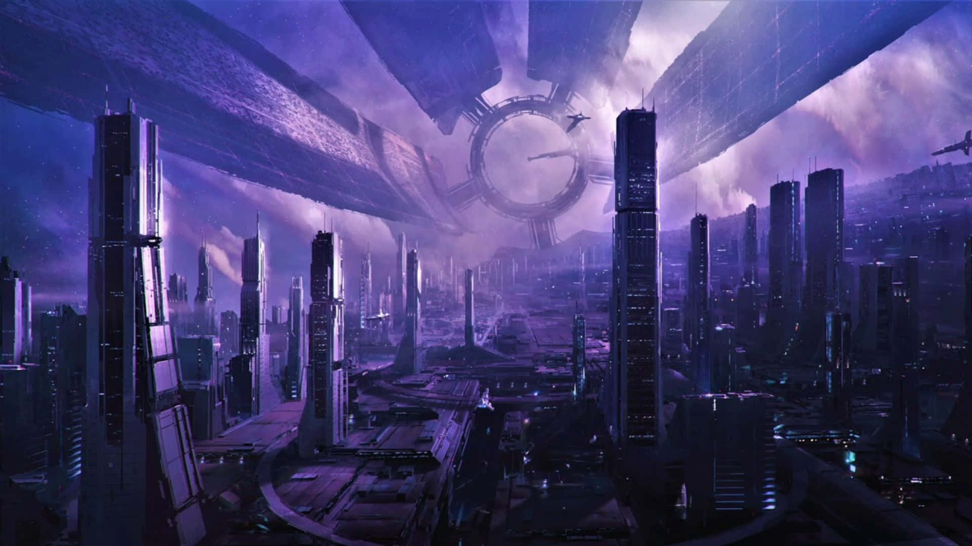 夜幕下的《質量效應》 Citadel 壁紙 — 一個未來主義的城市景觀，沐浴在紫色光線中，有高聳的摩天大樓和一個巨大的環形太空船懸浮在上方。