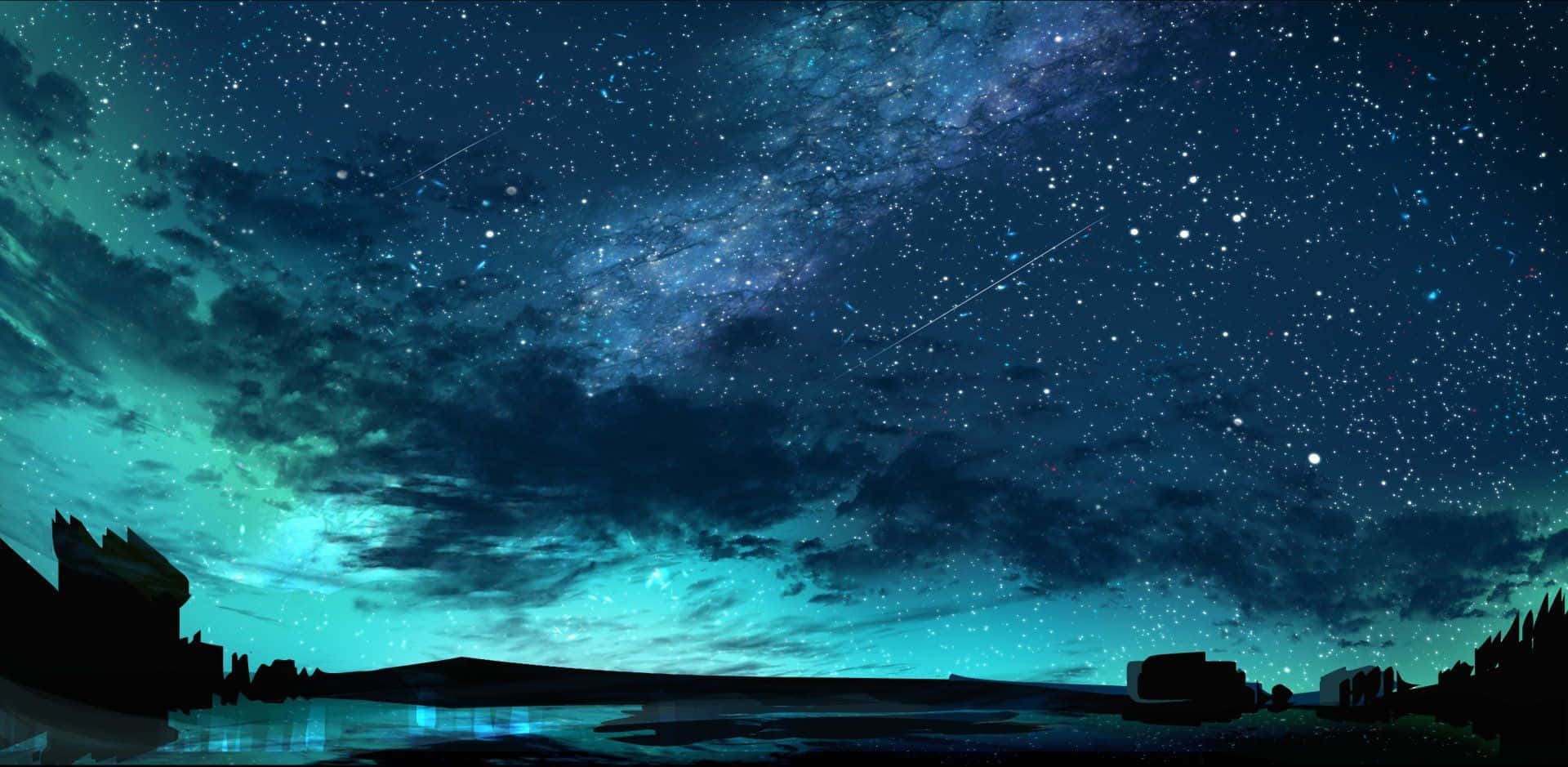 一個繁星點點的夜空，極光在黑暗的景觀和水面上。