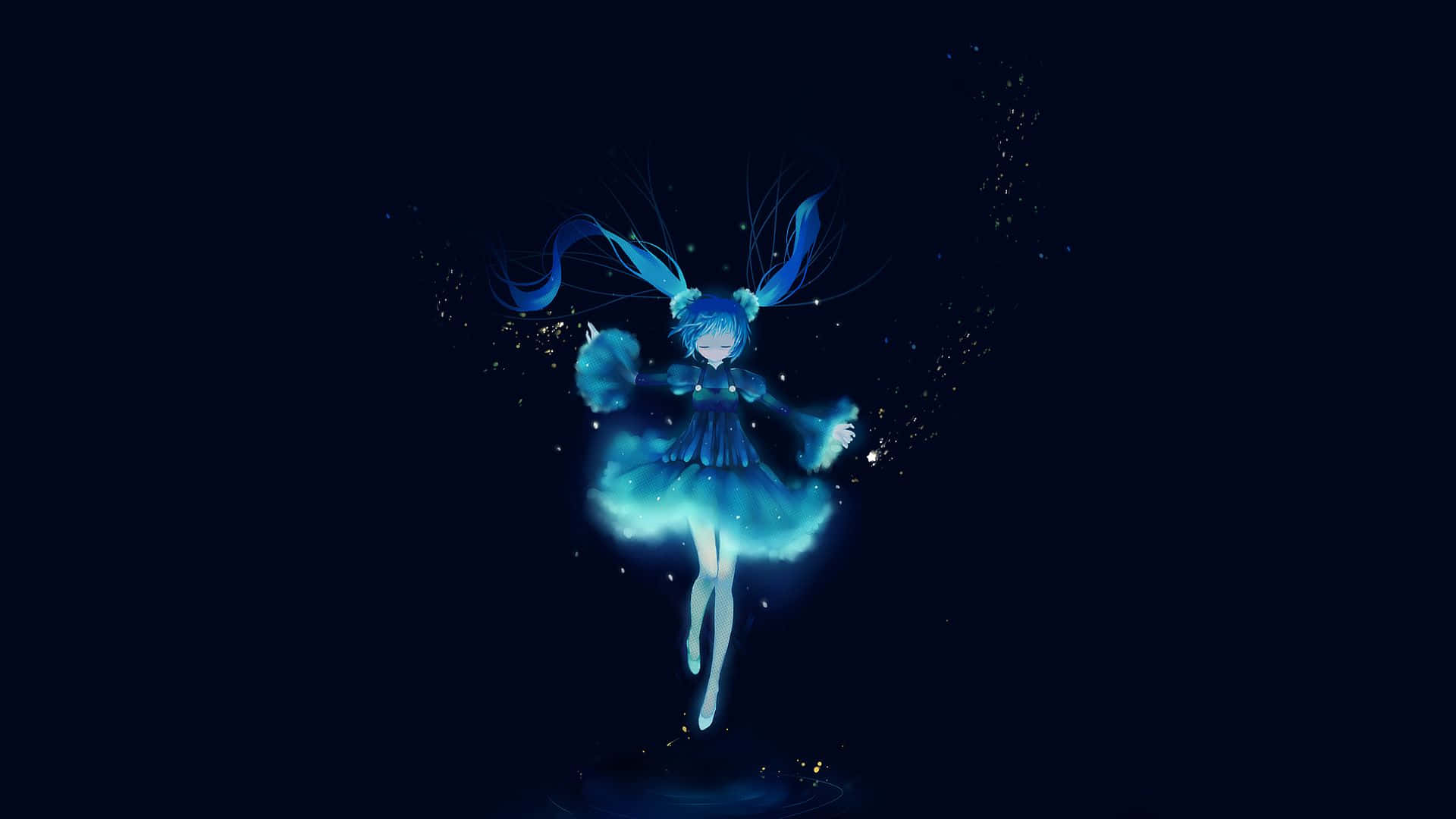 藍色發光的動漫雙馬尾女孩漂浮在黑暗空間中，帶有火花。