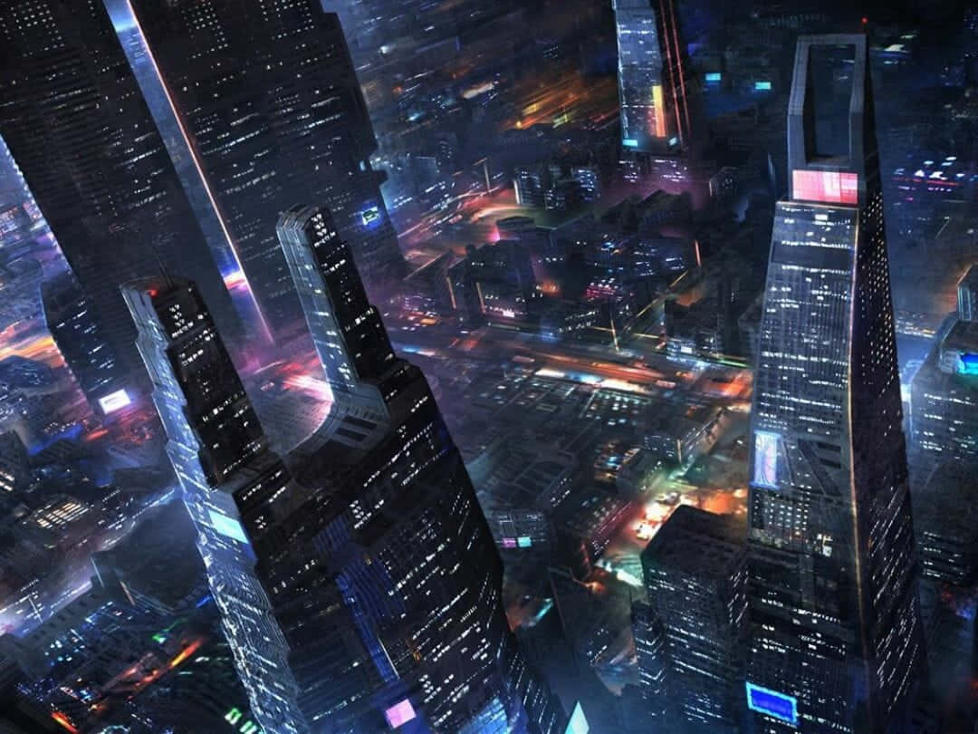 未來城市夜景，閃爍的摩天大樓和霓虹燈。