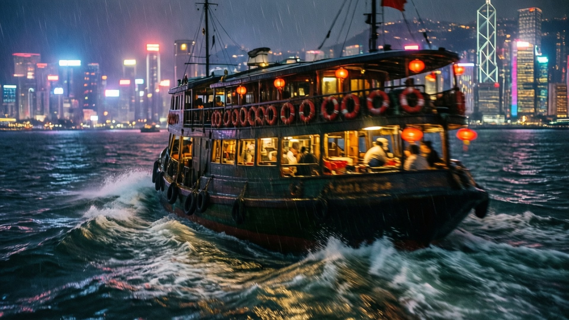 夜幕下的漸逝燈籠 壁紙 — 一艘傳統渡輪在夜間劃過被雨水打濕的水面，其溫暖的燈光與背後霓虹燈閃爍的香港天際線形成對比。